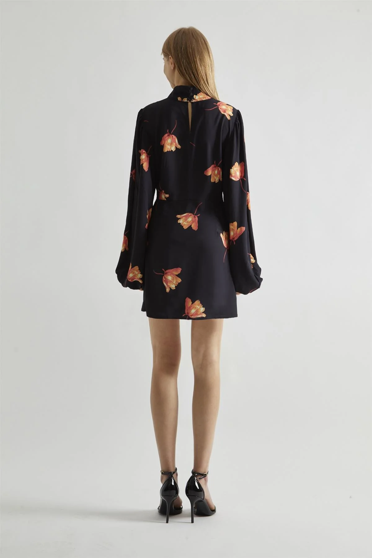Black-Orange Flowers High-Neck Mini-Dress