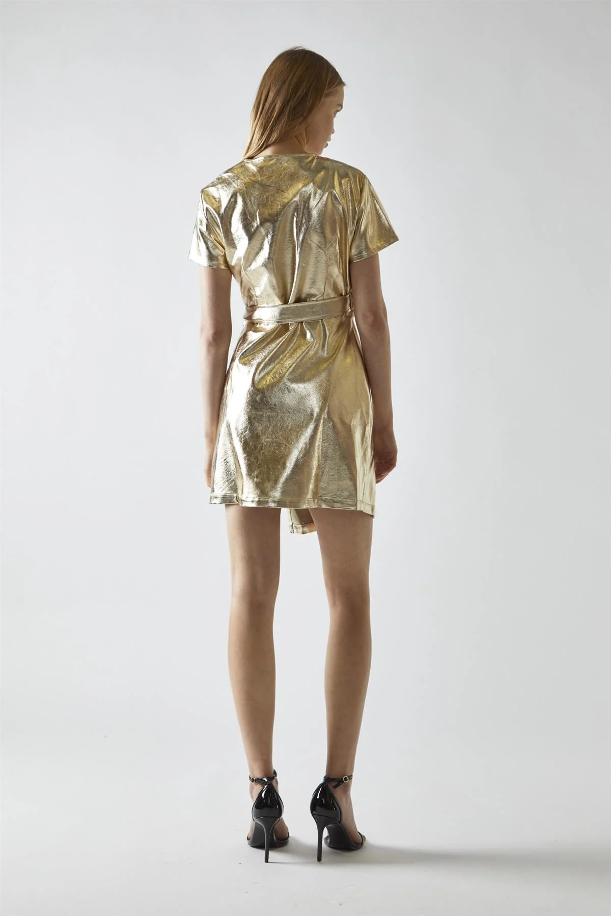 Light-Gold PU Wrap Mini-Dress