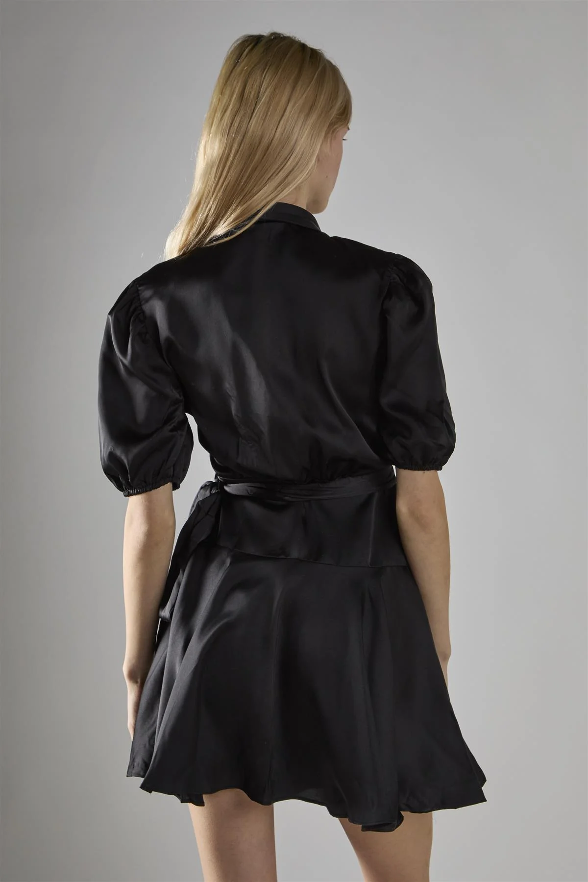 Black Sateen V-Neck Wrap Mini-Dress