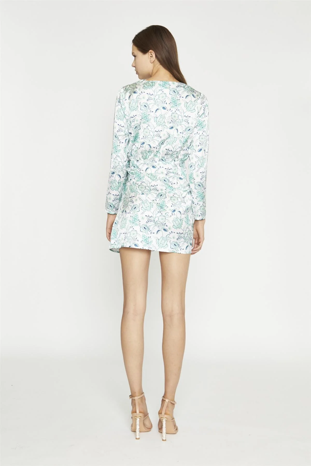 White-Mint Paisley Satin Wrap Mini-Dress