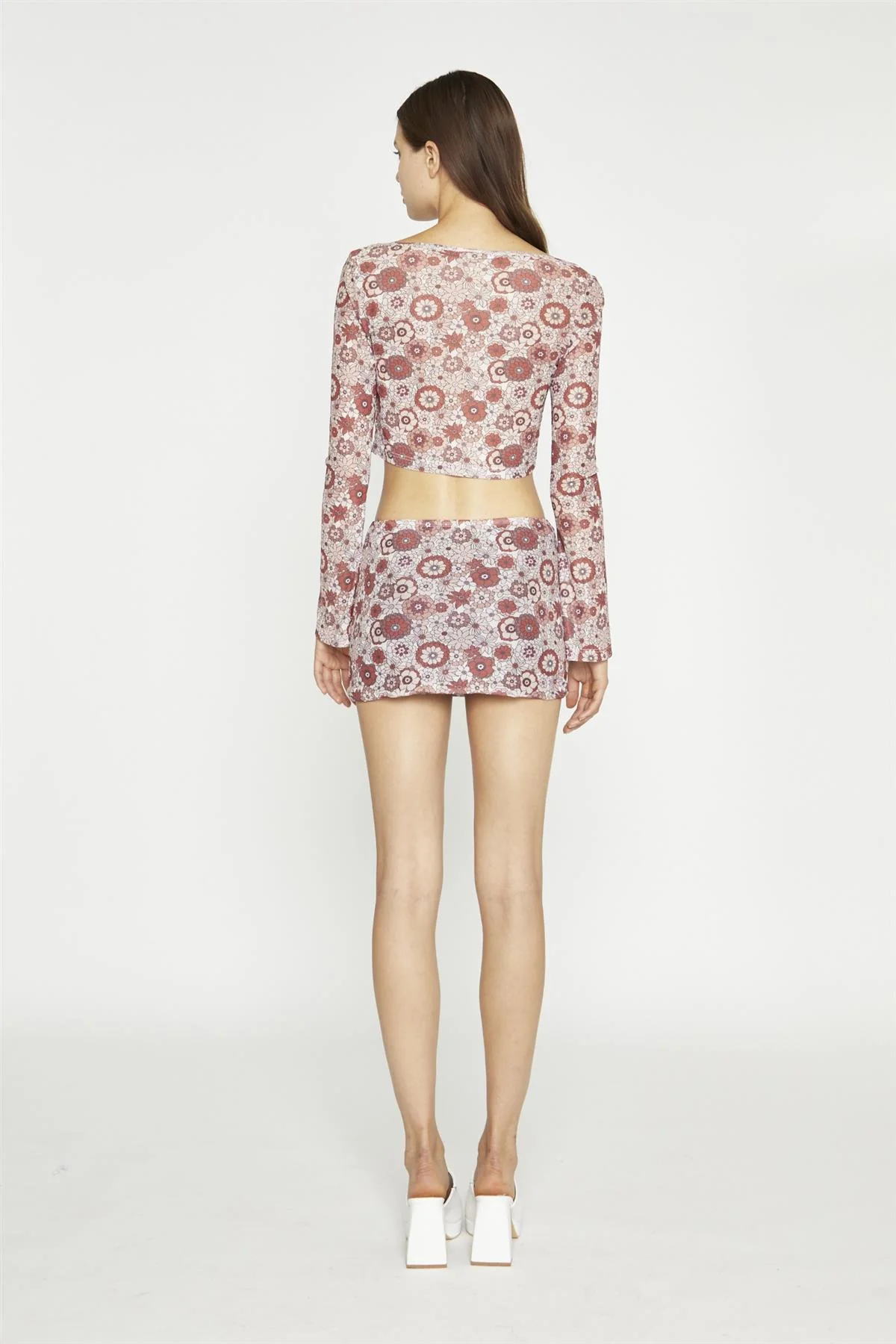 Nude Brown Vintage Floral Split Mini-Skirt