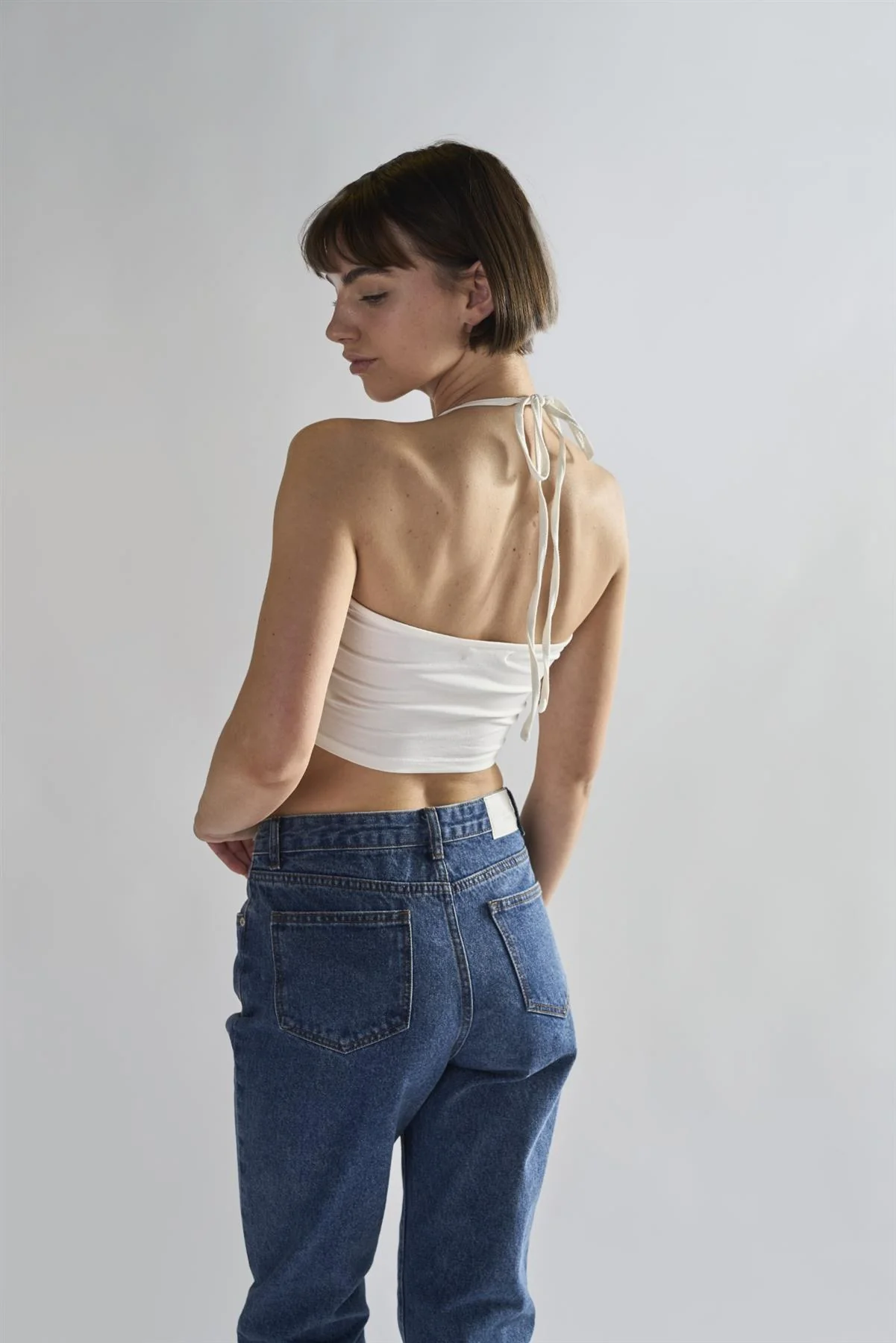 Off-White Tie Neck Halter Crop-Top