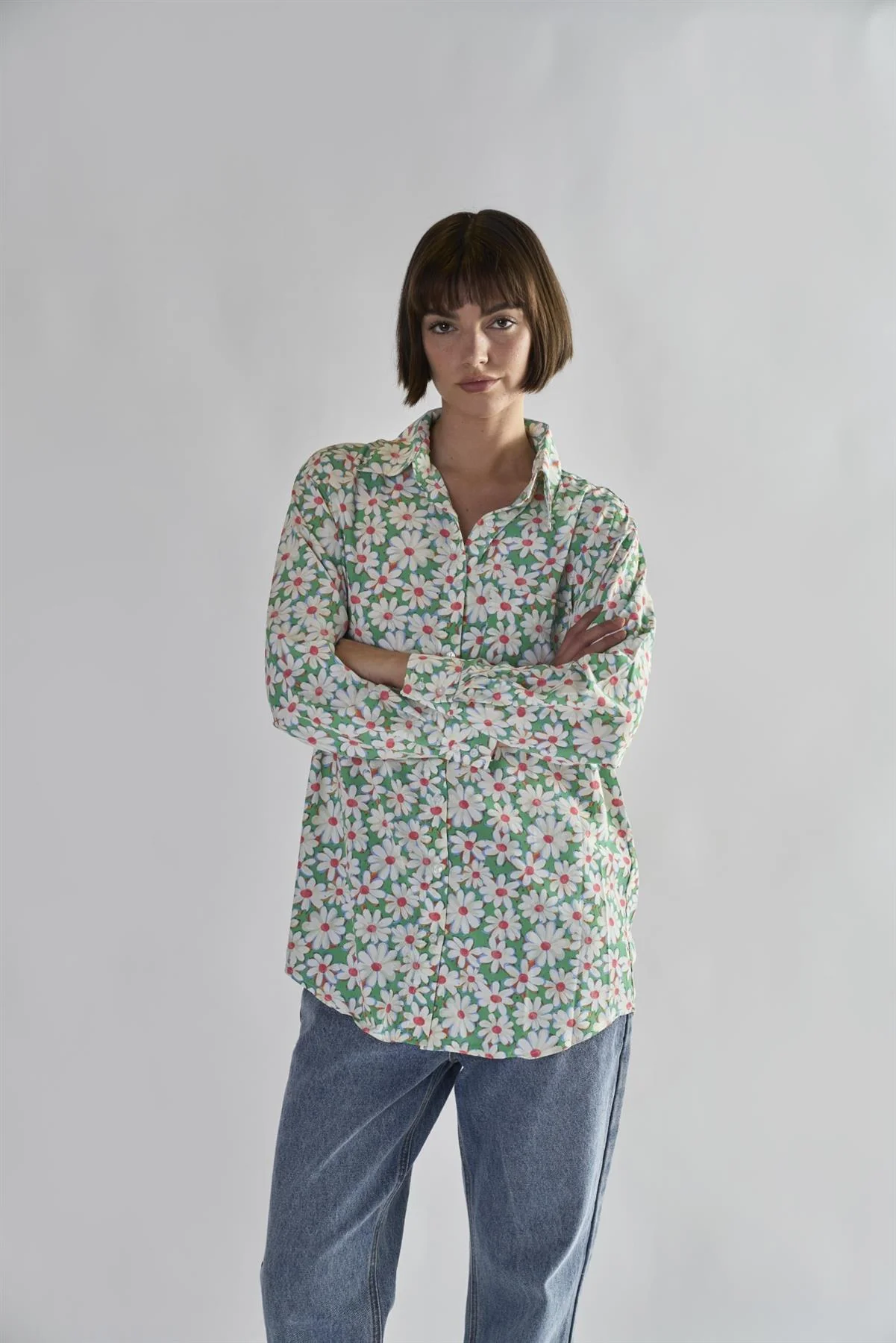 Green Daisy Collared Long Sleeve Tops