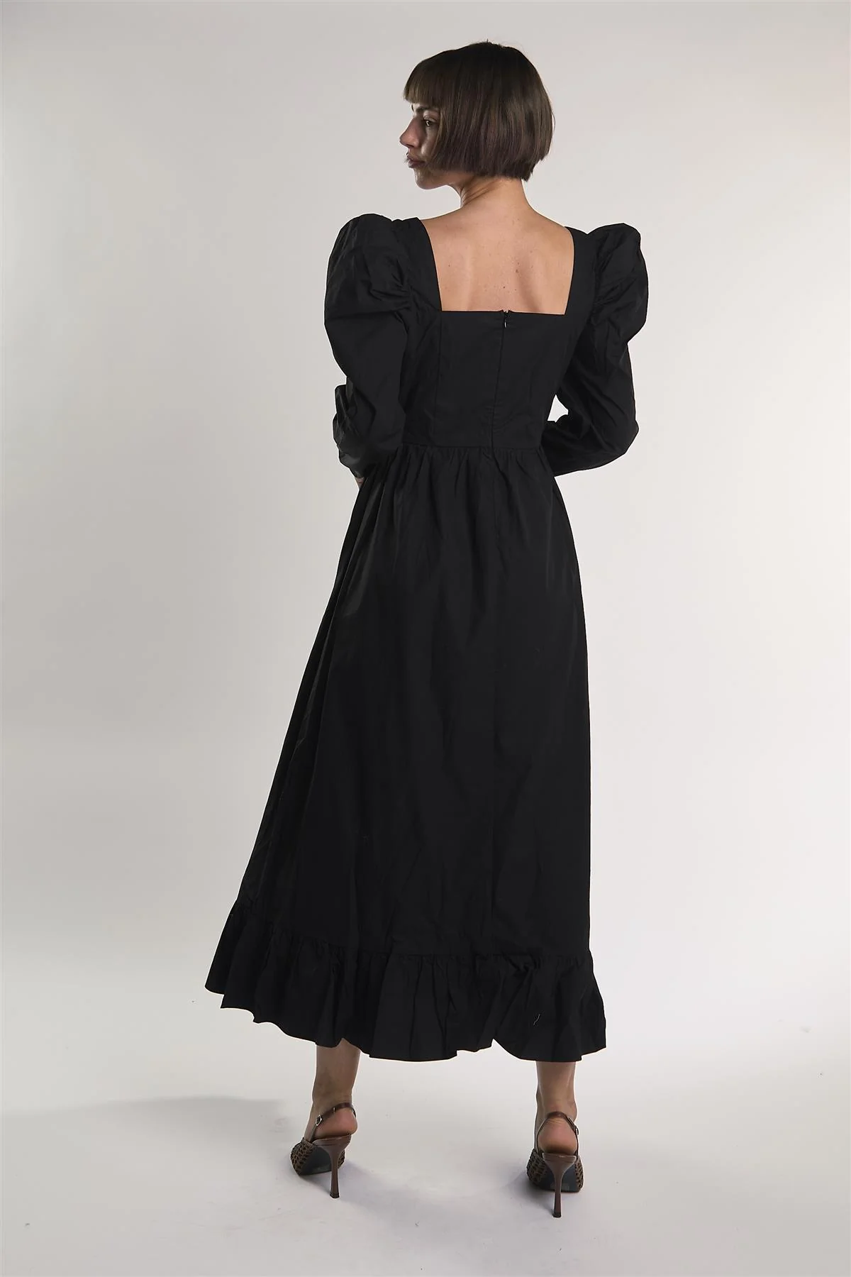 Black Puff-Long-Statement-Sleeve Maxi-Dress