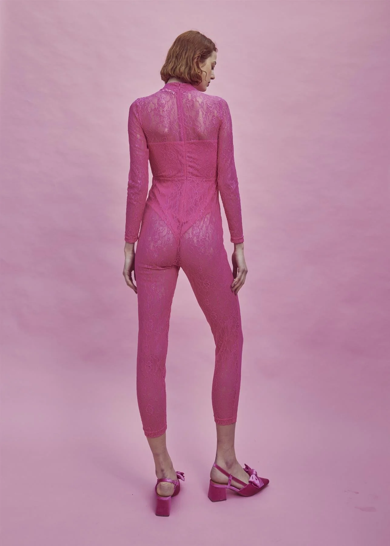 Zoe Lace Full Length Bodysuit -Bright-Pink