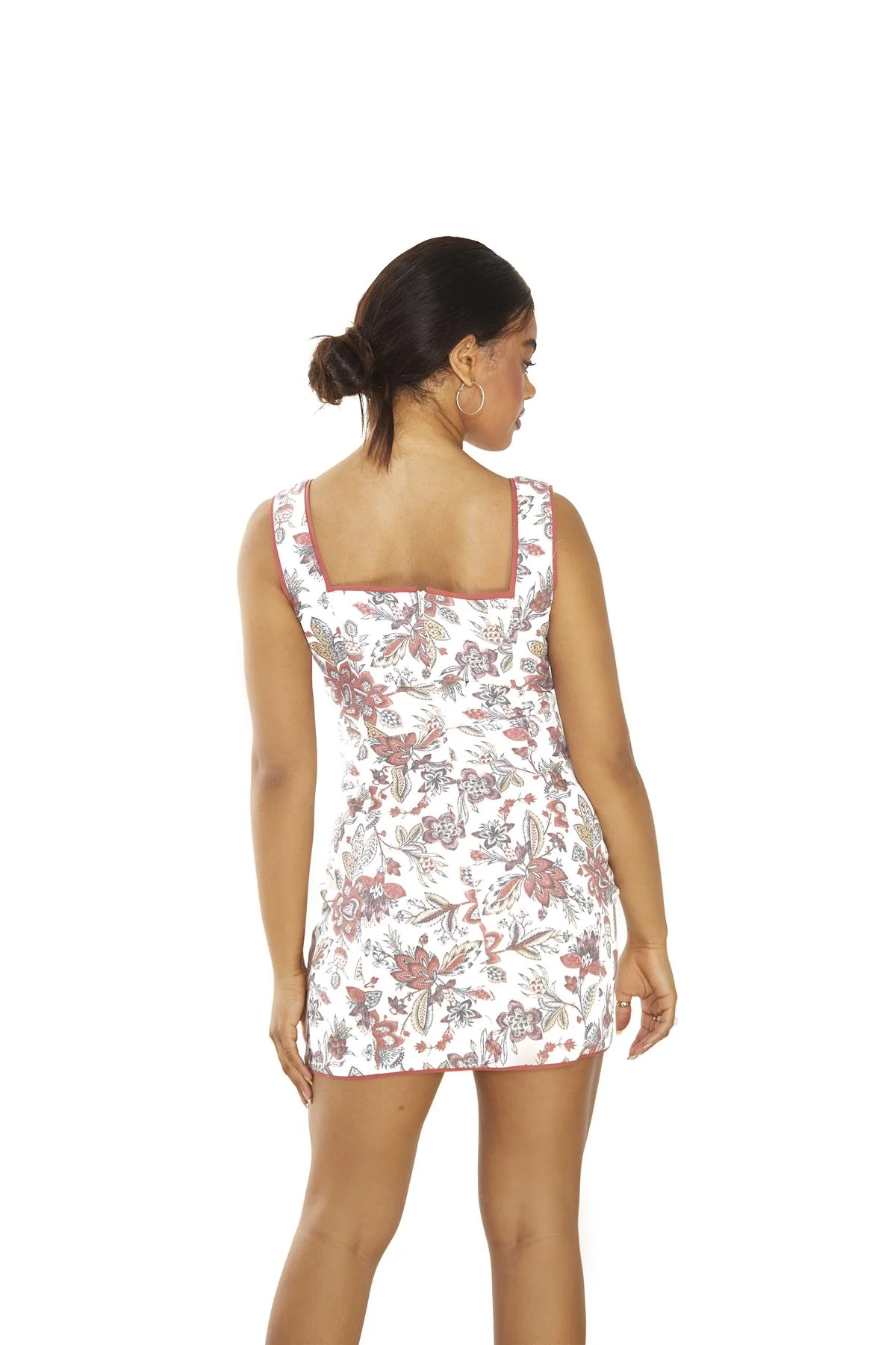 Rustic Floral Rib Square Neck  Mini-Dress
