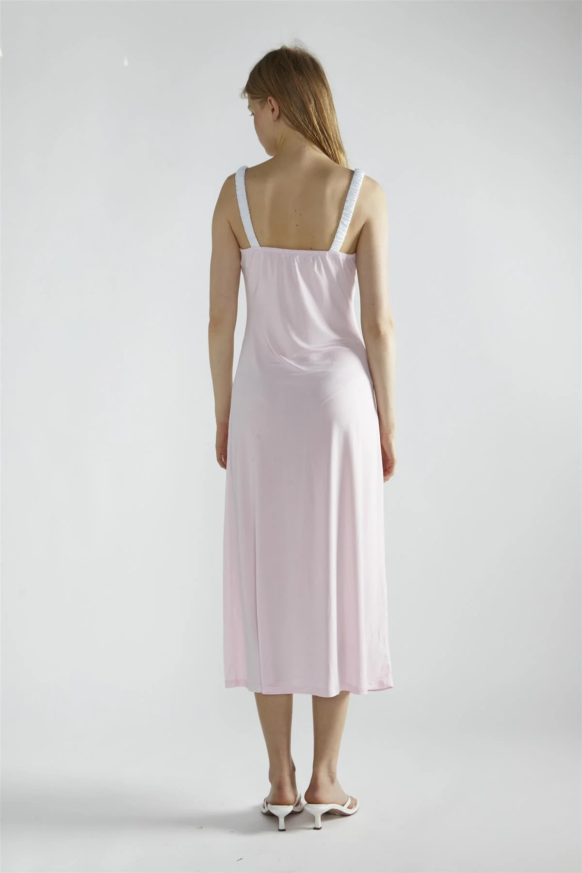 Light-Pink-White V-Neck-Midi-Dresses