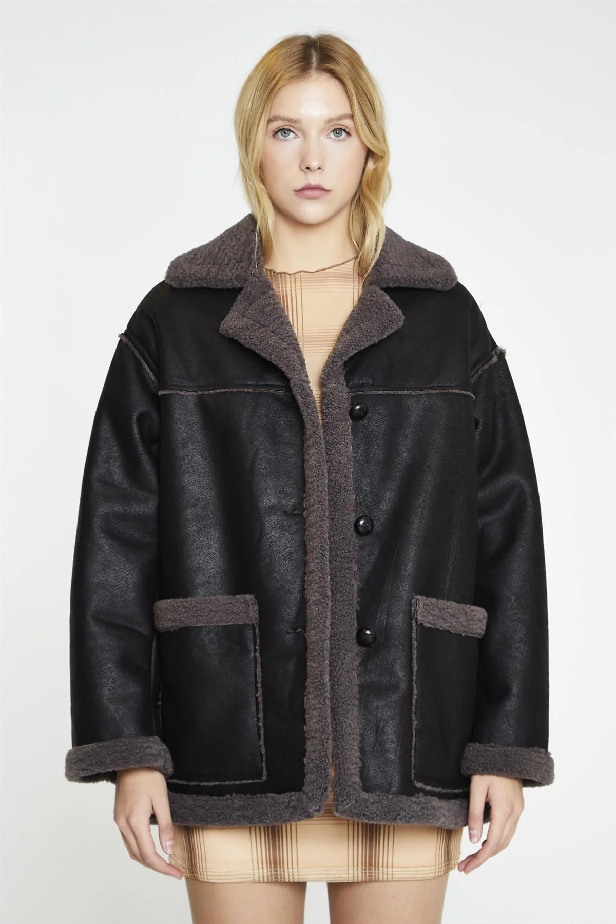 Black Dark-Grey Oversized Shearling Coat