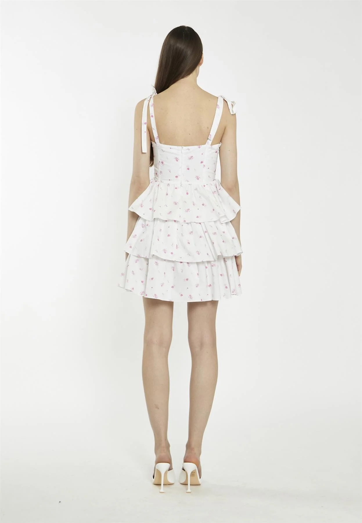 White Pink Floral Tiered Corset Mini-Dress