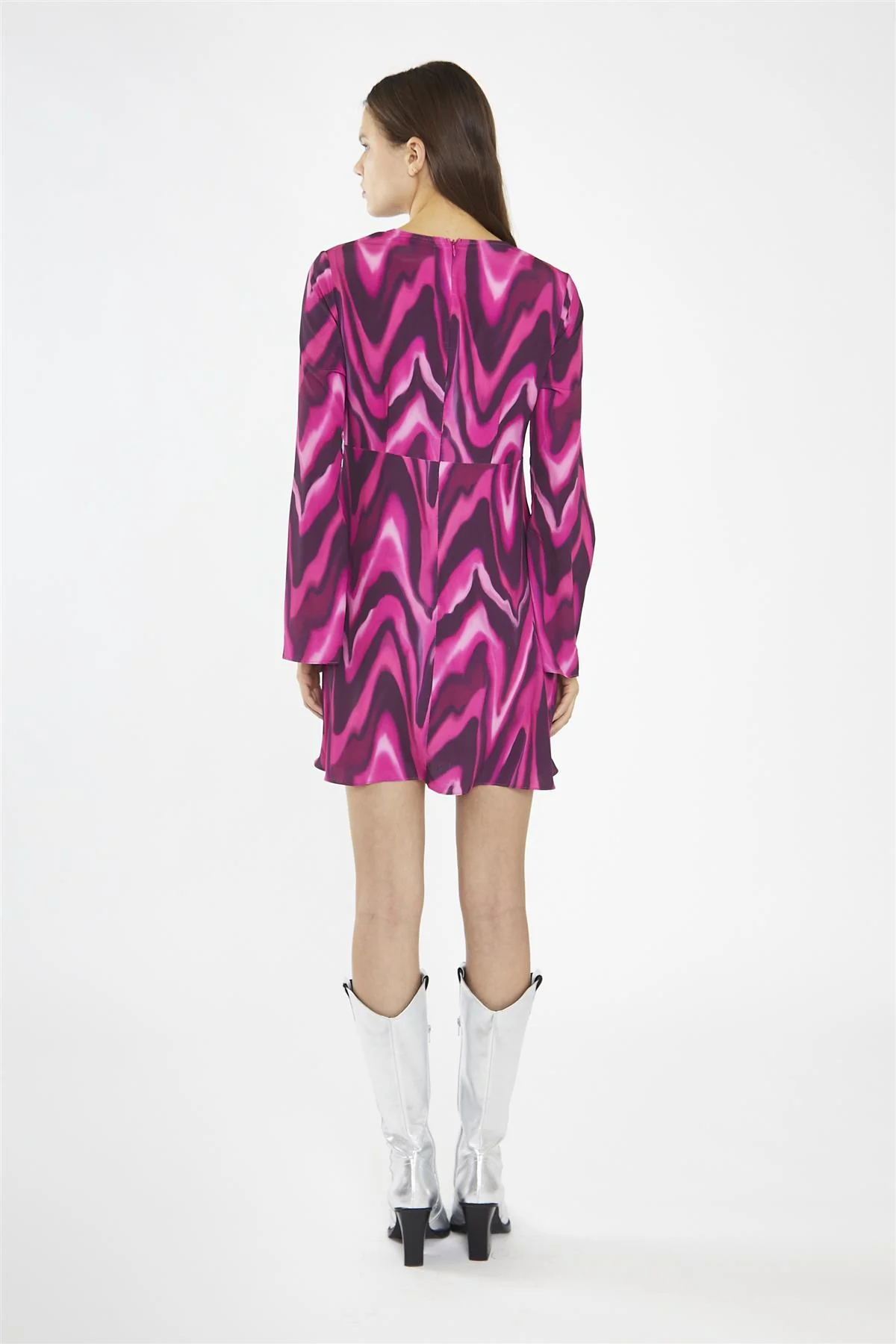 Pink Multi-Blurred Wave Flared Sleeve Mini-Dress