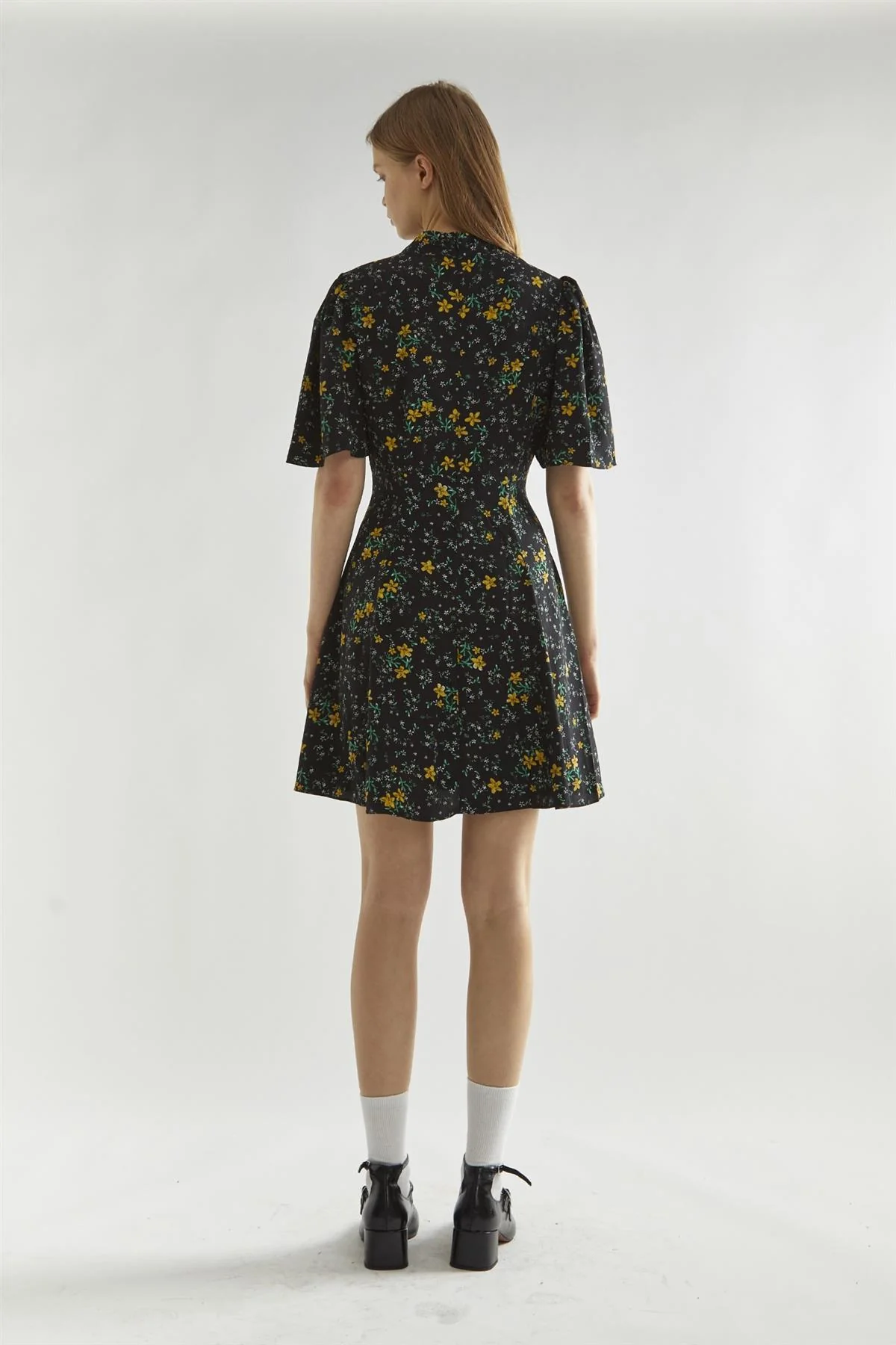 Black-Yellow Mini Floral High-Neck Mini Tea-Dress