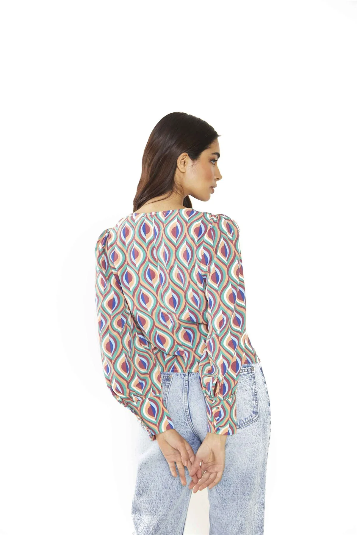 Multi Geo Swirl V Neck Top with Button Details