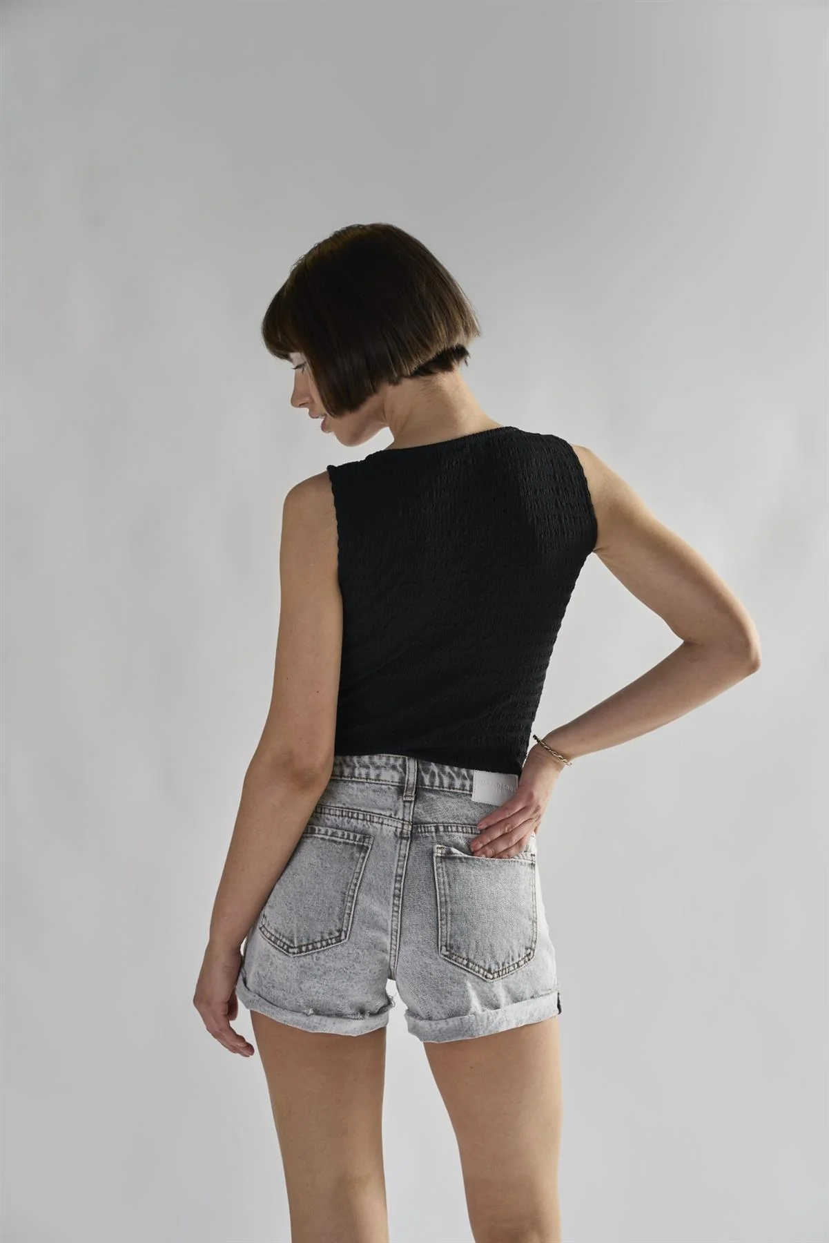 Black-Textured V Neck Ribbed Bodysuit