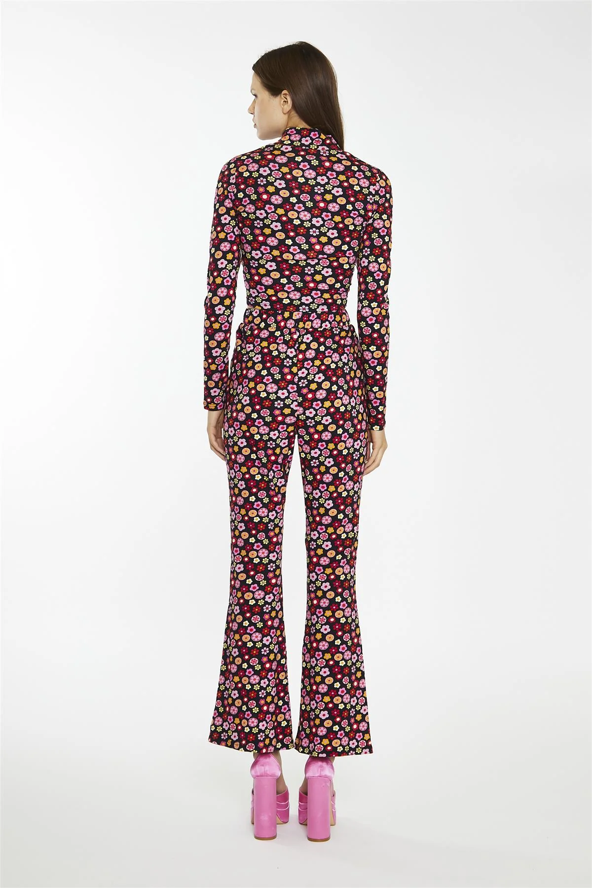 Black 60S Flower Split-Front Flared Trousers