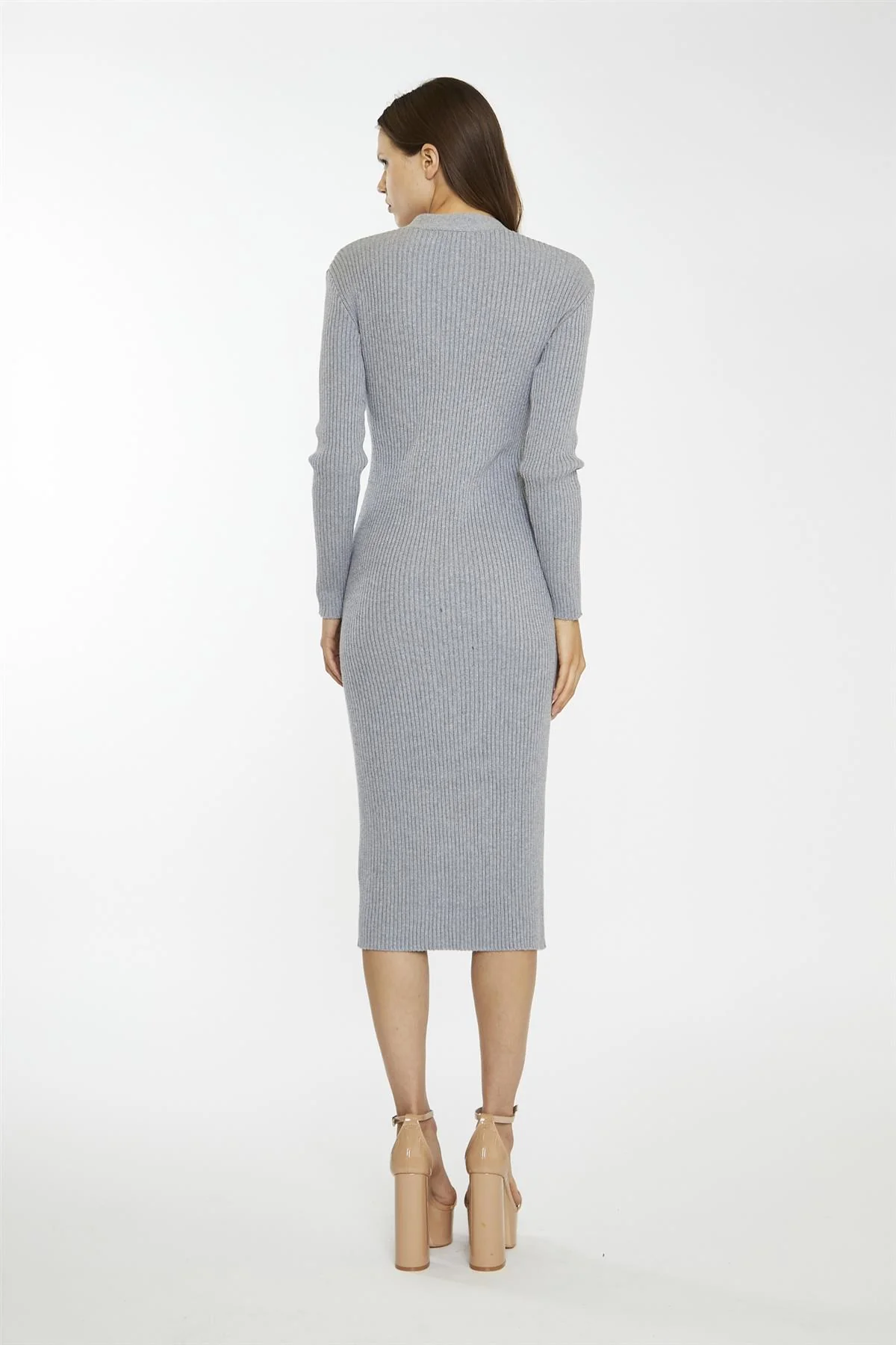 Grey-Marl Button-Down Knitted Midi-Dress
