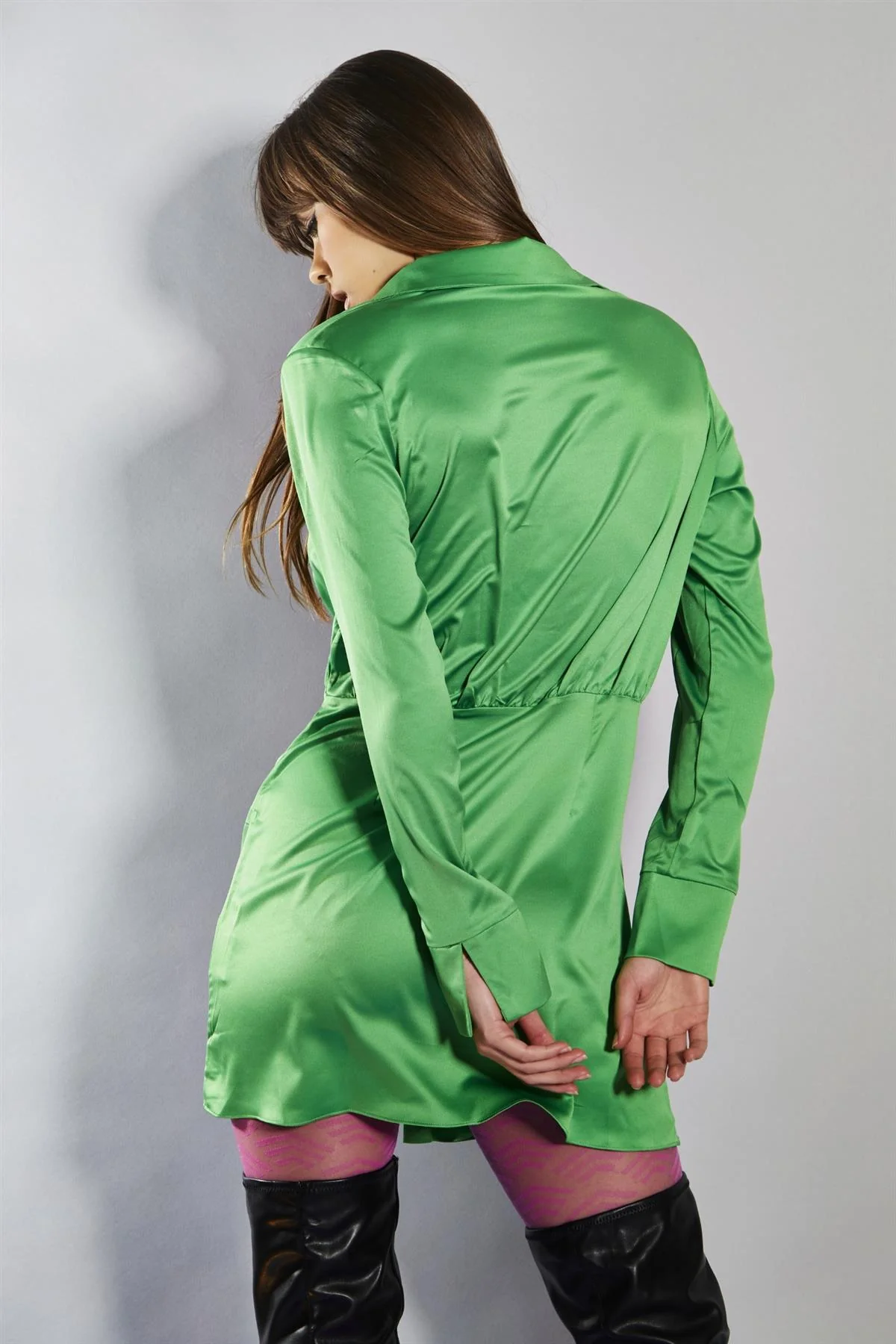 Green Fitted-Waist Shirt-Dress
