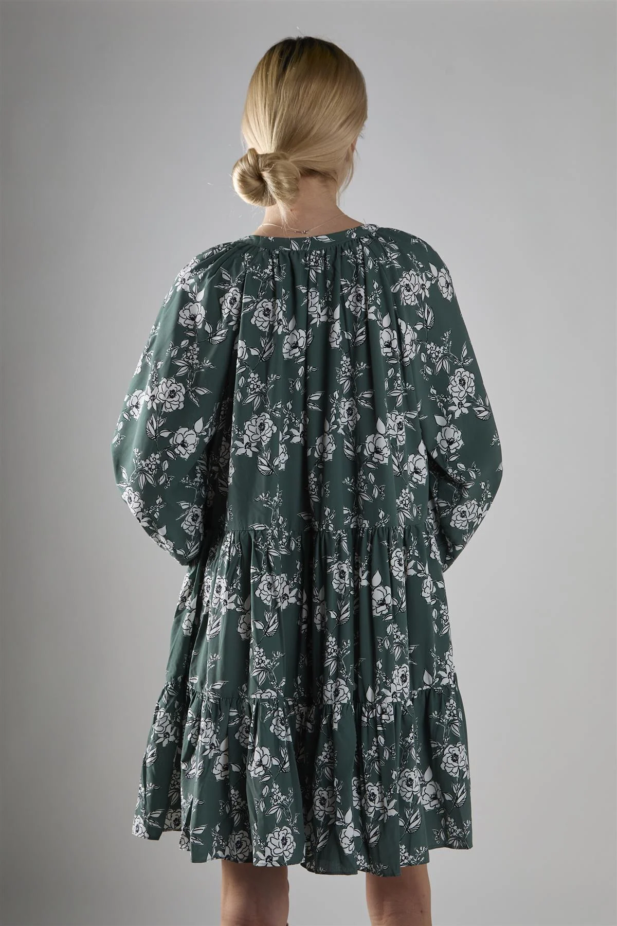 Khaki White Floral Poplin Tiered Mini-Dress