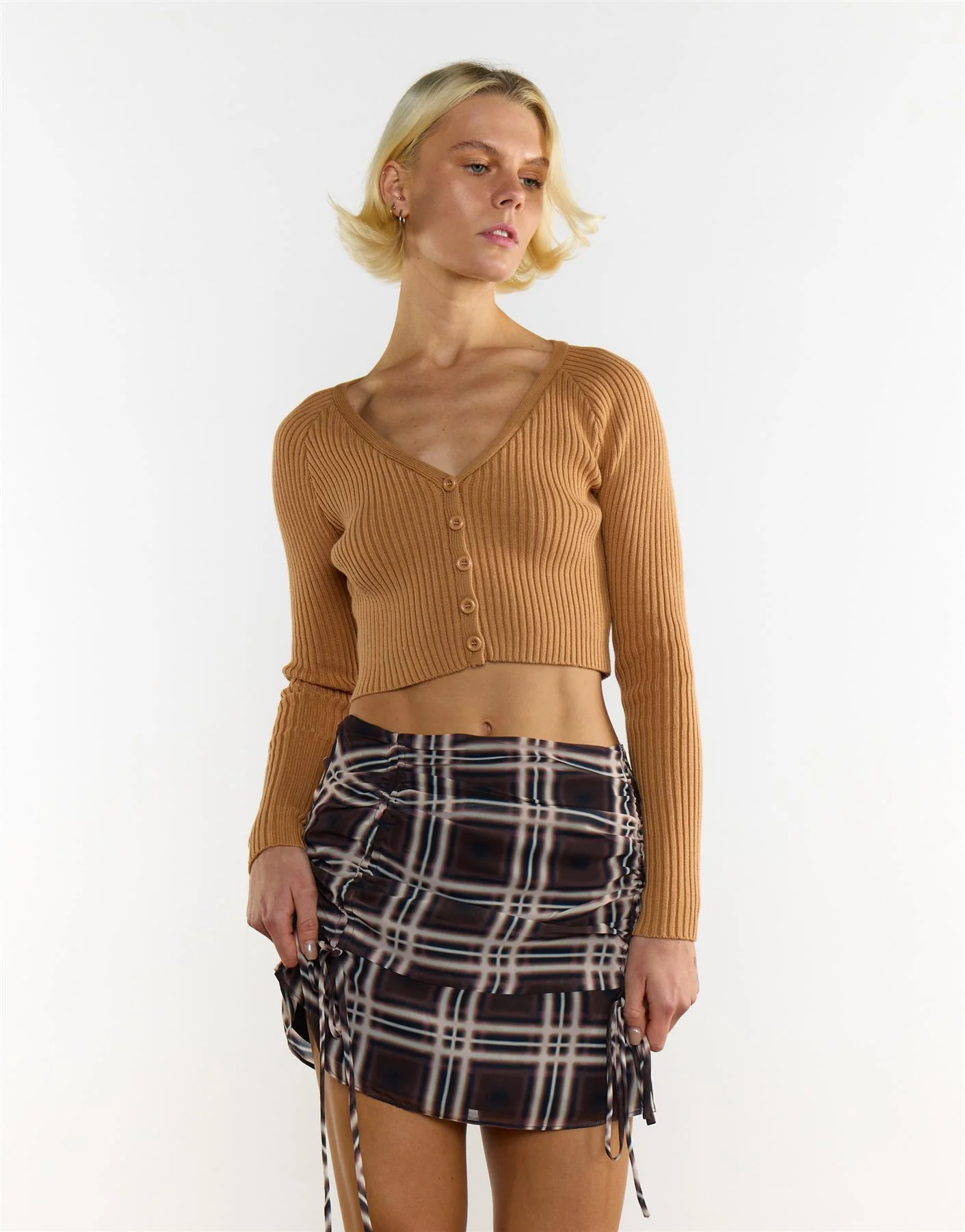 Mahogany Brown Check Ruffle Mini Skirt