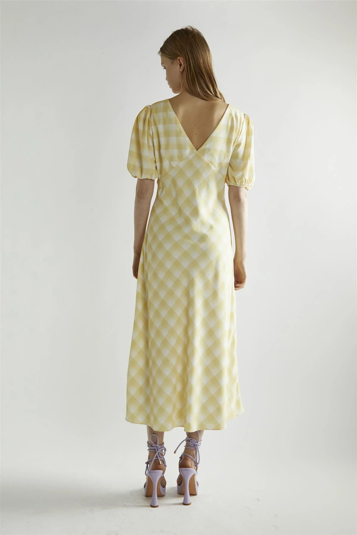 Yellow Ombre-Check A-Line Midi-Dress