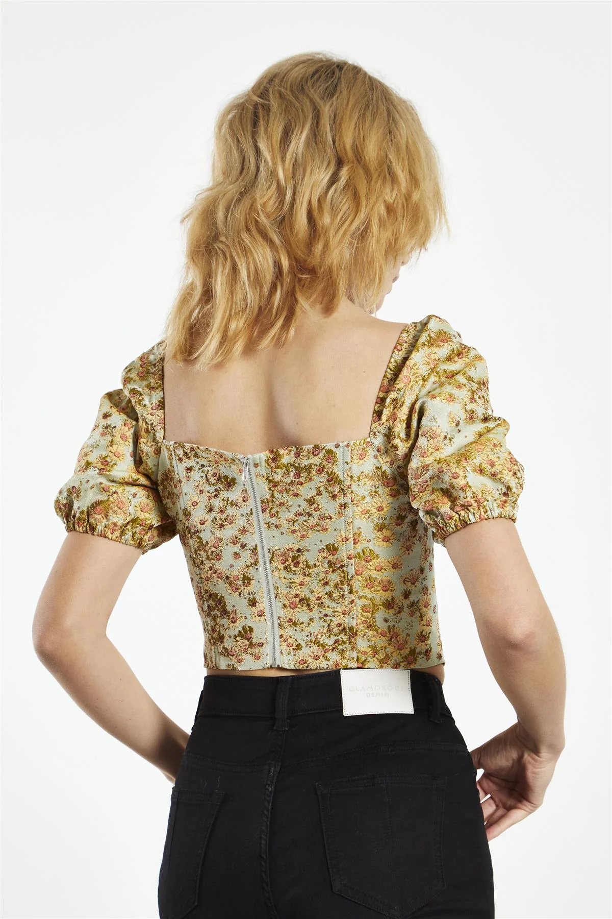 Sunflower-Brocade Square-Neck Corset-Top
