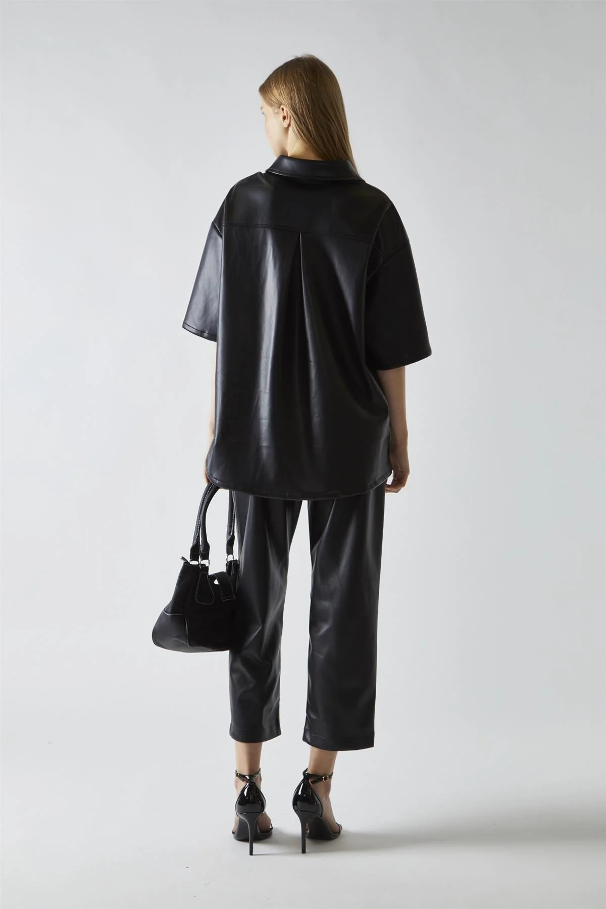 Black-PU Straight-Fit Crop-Trousers