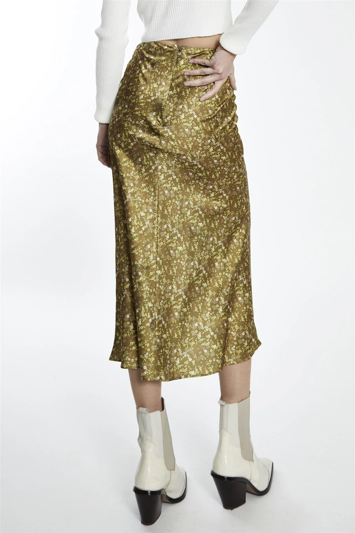 Olive-Lime Floral Bias-Cut Midi-Skirt