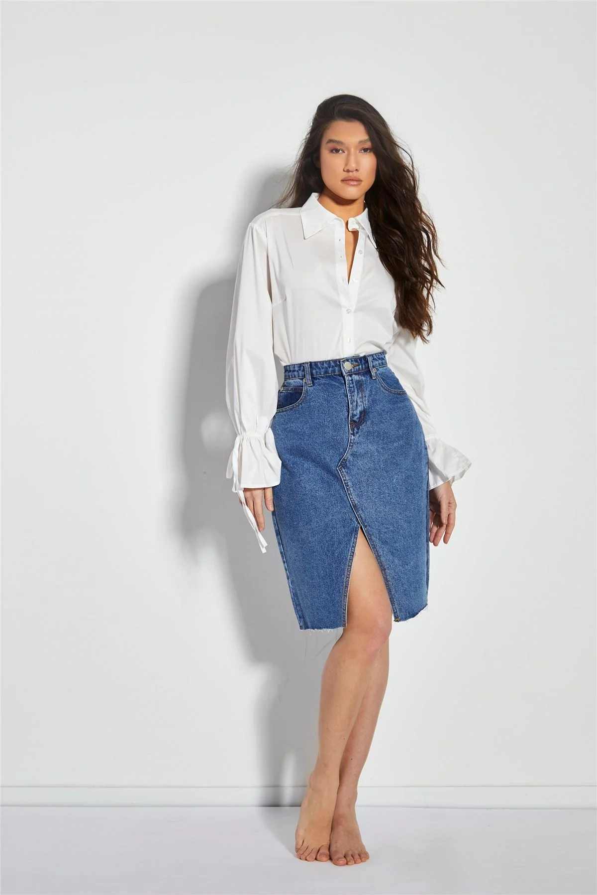 Mid Stone Split High Waisted Midi Skirt
