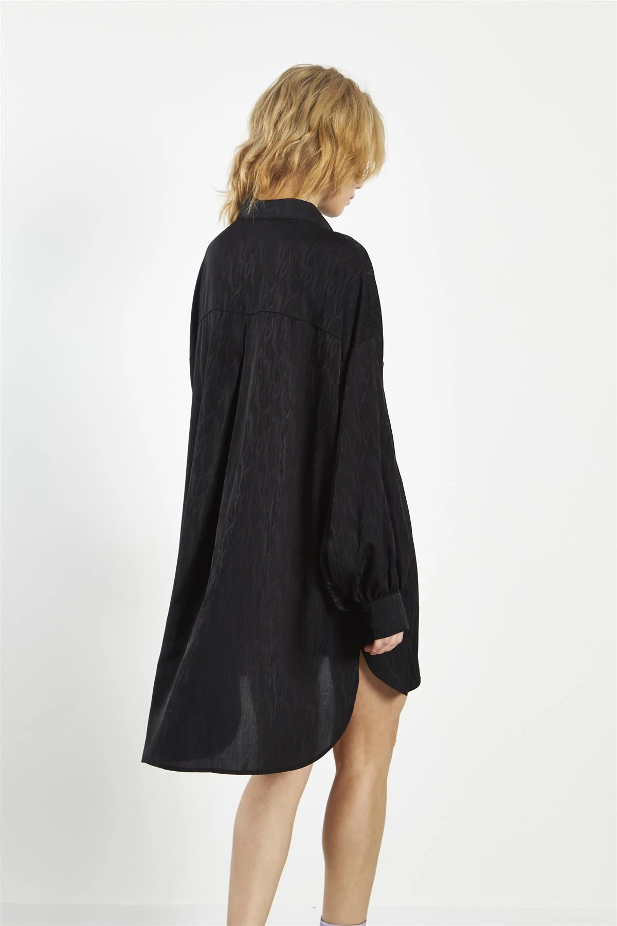 Black Satin-Jacquard Shirt-Dress