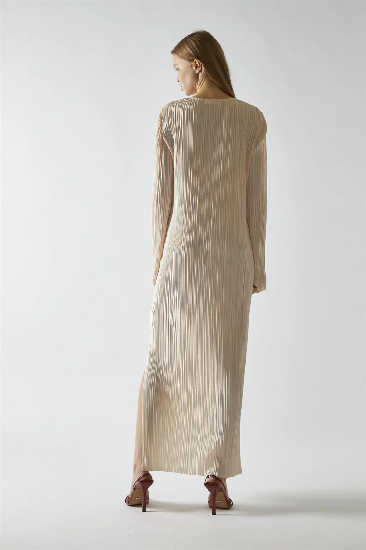 Light-Apricot Plisse Midaxi-Dress