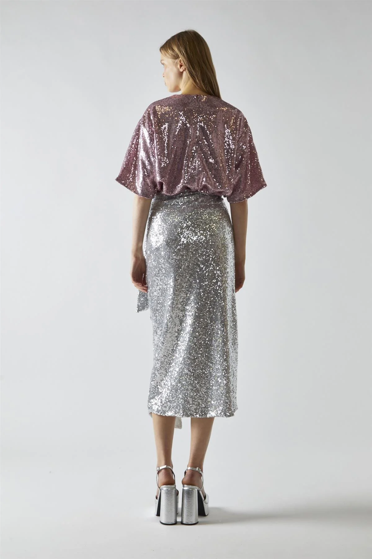 Silver-Sequin Wrap Midi-Skirt
