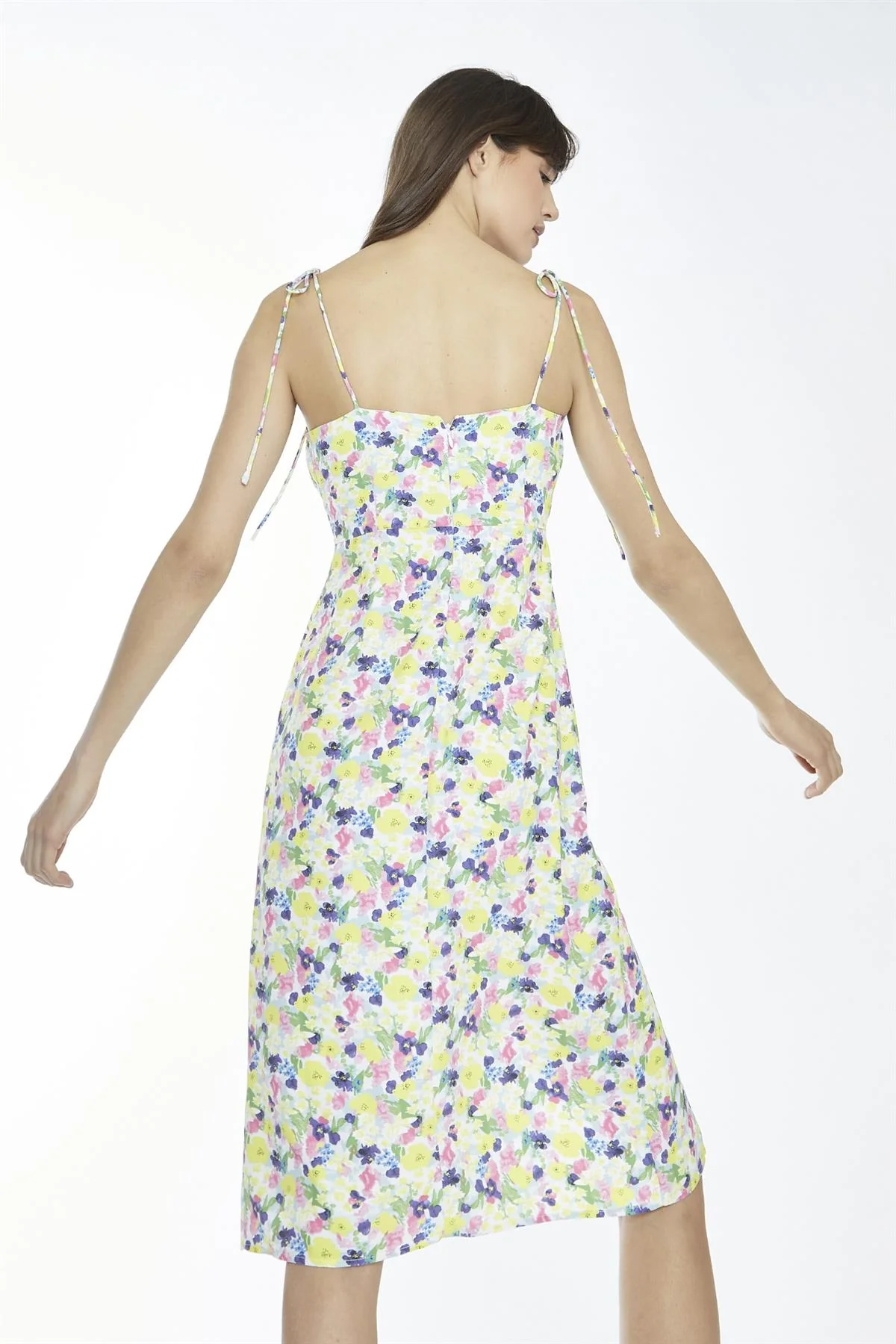 Bright-Watercolour Floral Milkmaid Midi-Dress