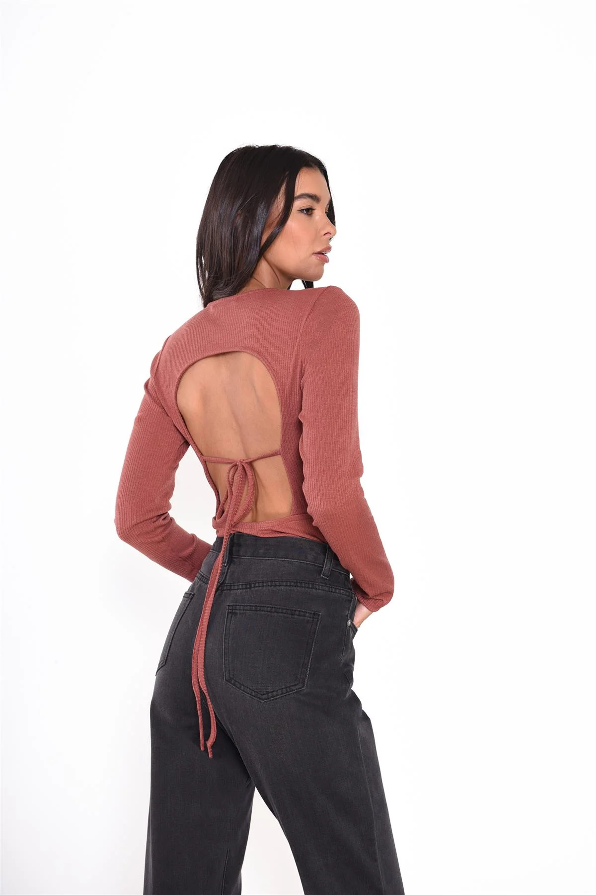 Rose Rust Rib Open-Back Bodysuit