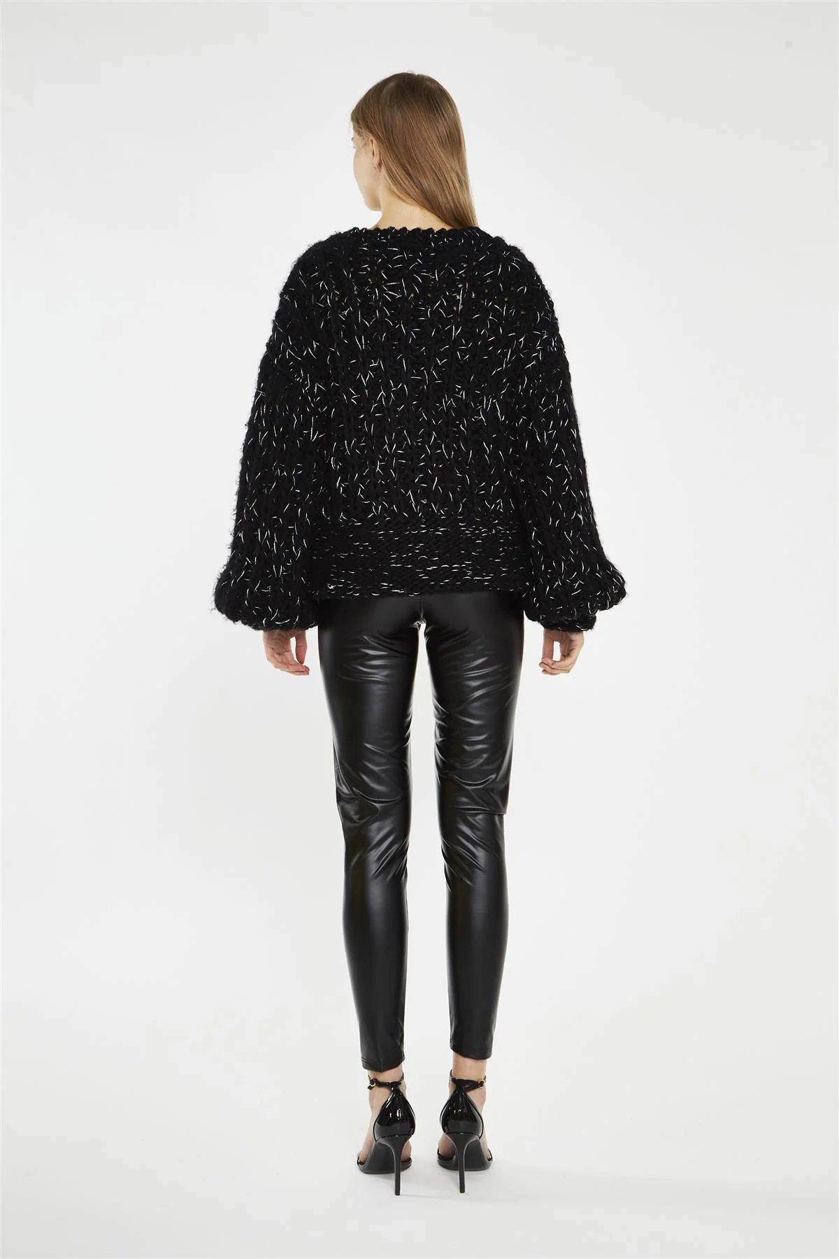Black Silver-Fleck Cable-Knit -Cardigan