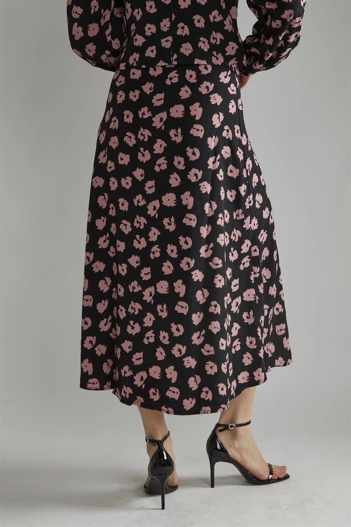 Black-Pink Splodge Button-Front Midi-Skirt