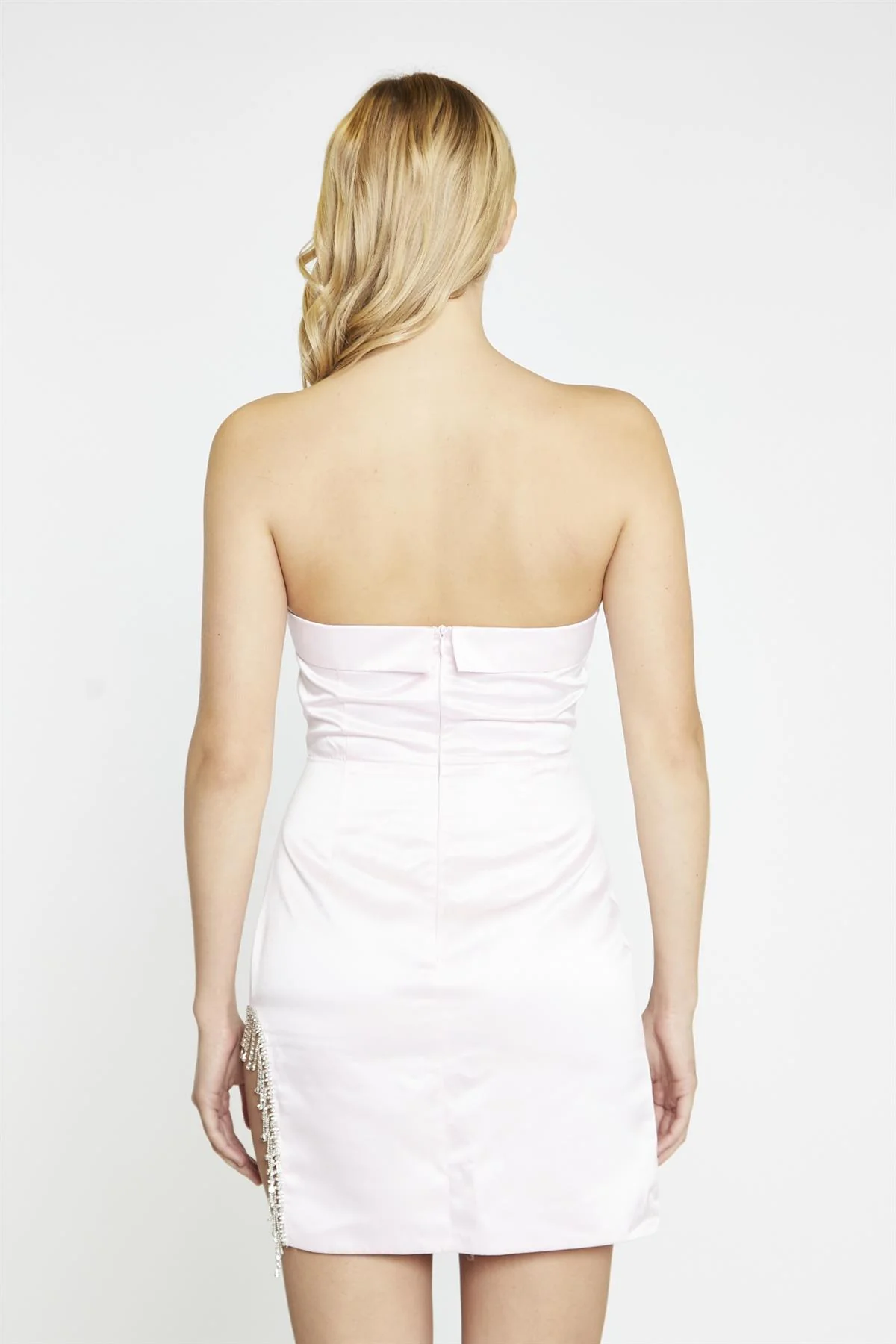 Marshmallow-Pink Strapless Diamante-Trim Split Mini-Dress