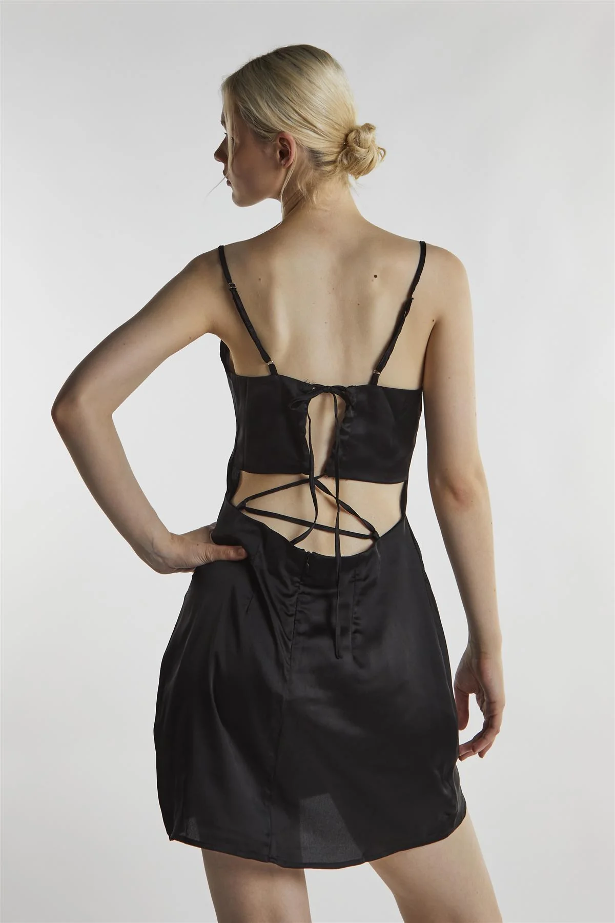 Black-Satin Tie-Back Mini-Dress