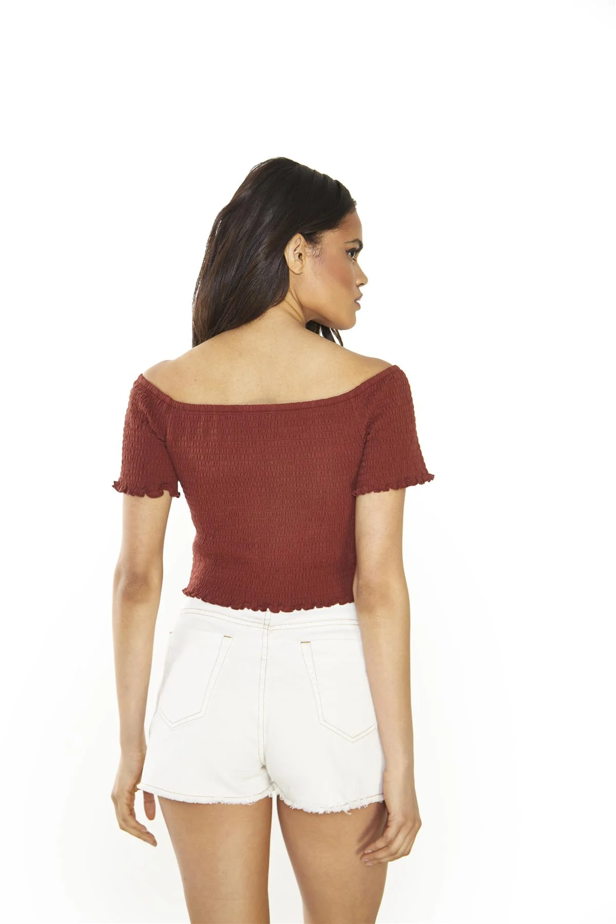 Umber Shirred Bardot Crop-Top