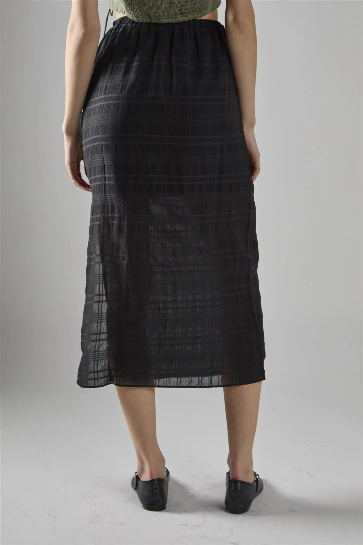 Black Check High-Waist Split Thigh Midaxi-Skirt