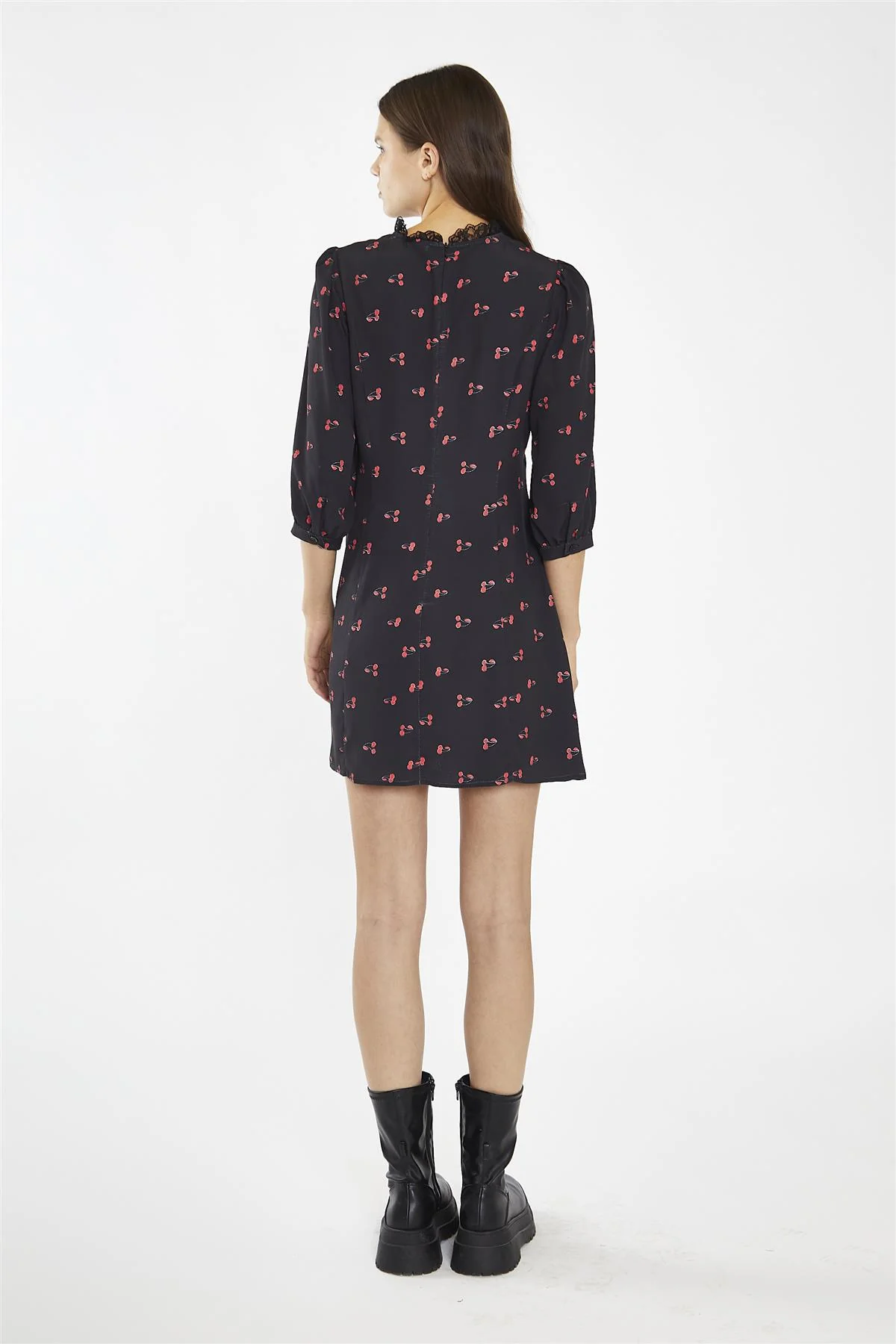 Black-Red Cherry Fruit High Neck Mini-Dress