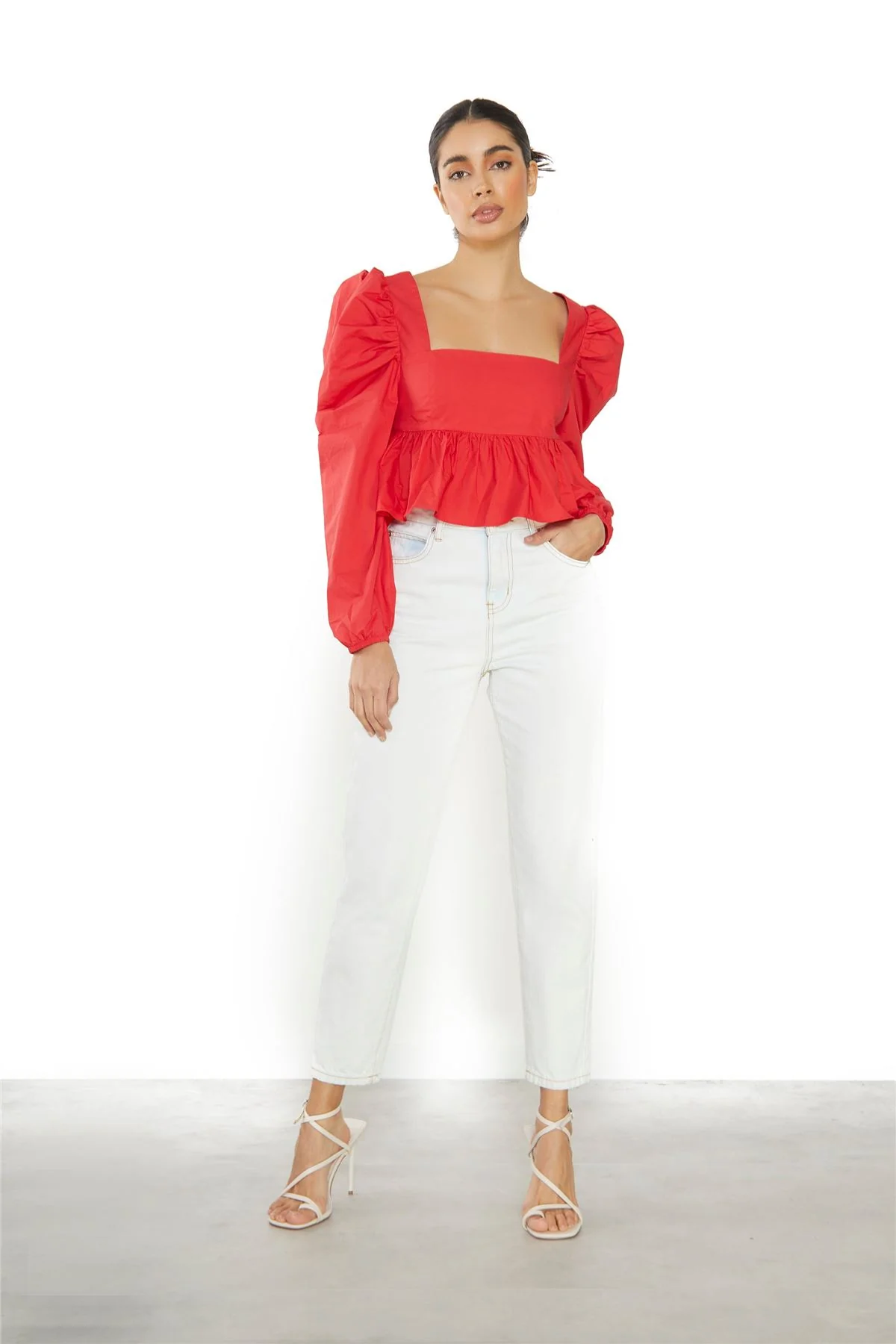 Red Puff Long Sleeve Open Back Top