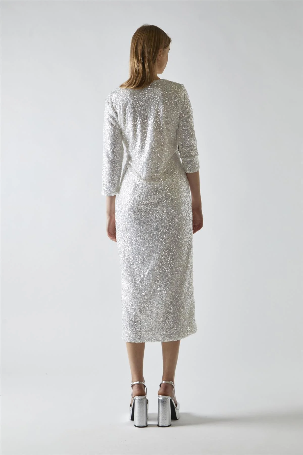 Silver-Iridescent Sequin A-Line Midaxi-Dress