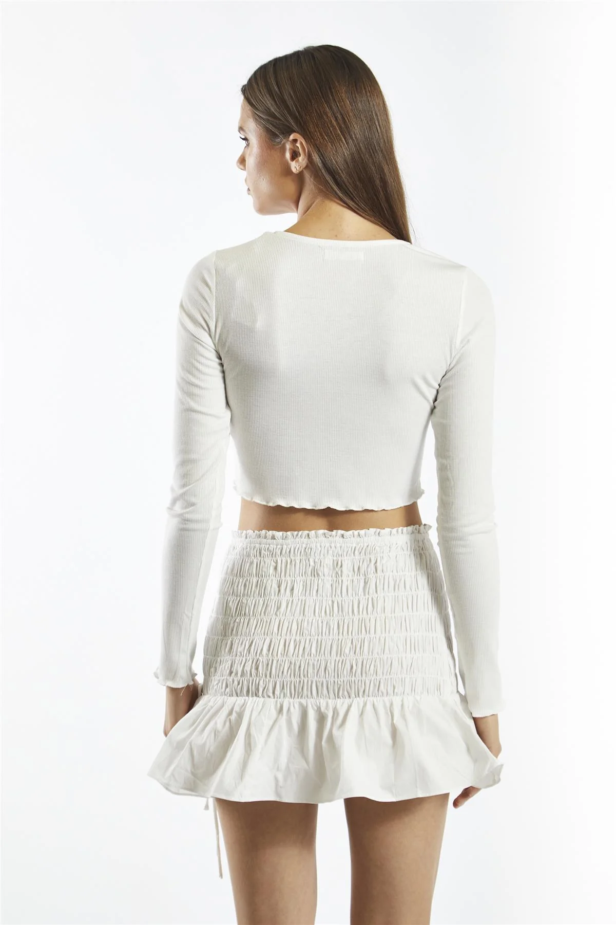 Smocked Lace-Up Mini Skirt - White