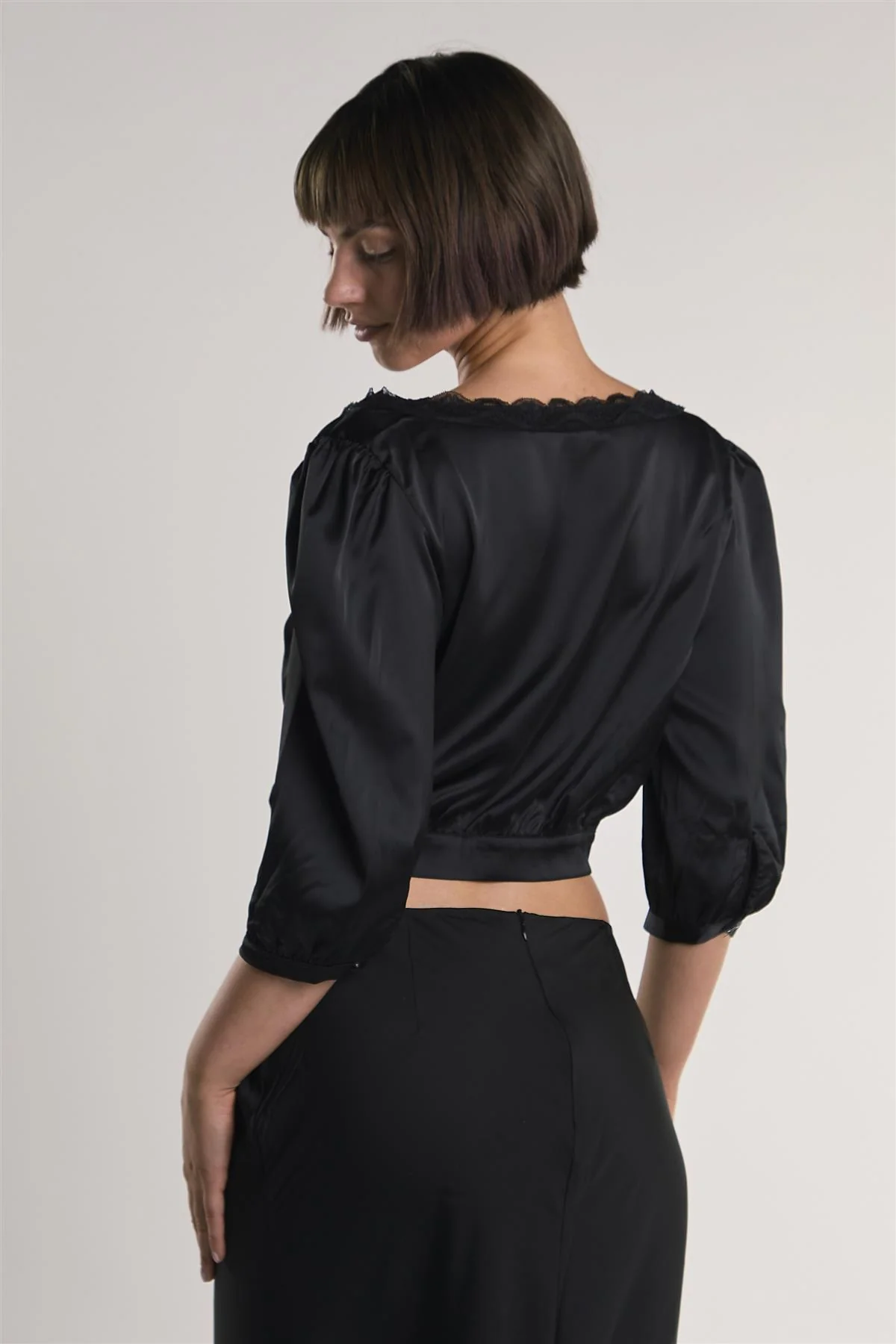 Black Satin-Crossover-Tie Crop-Top