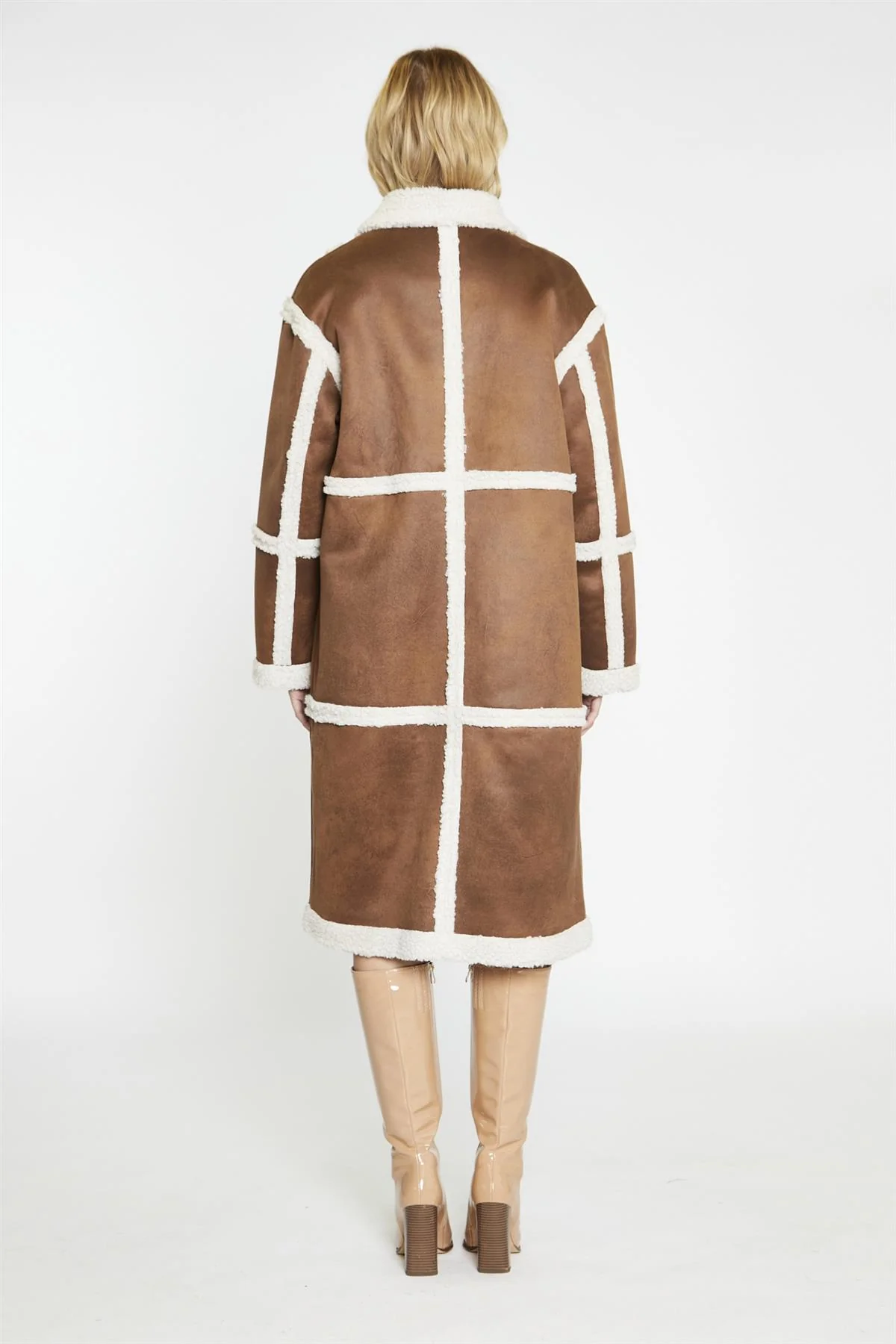 Tan-Cream Shearling Midi-Coat