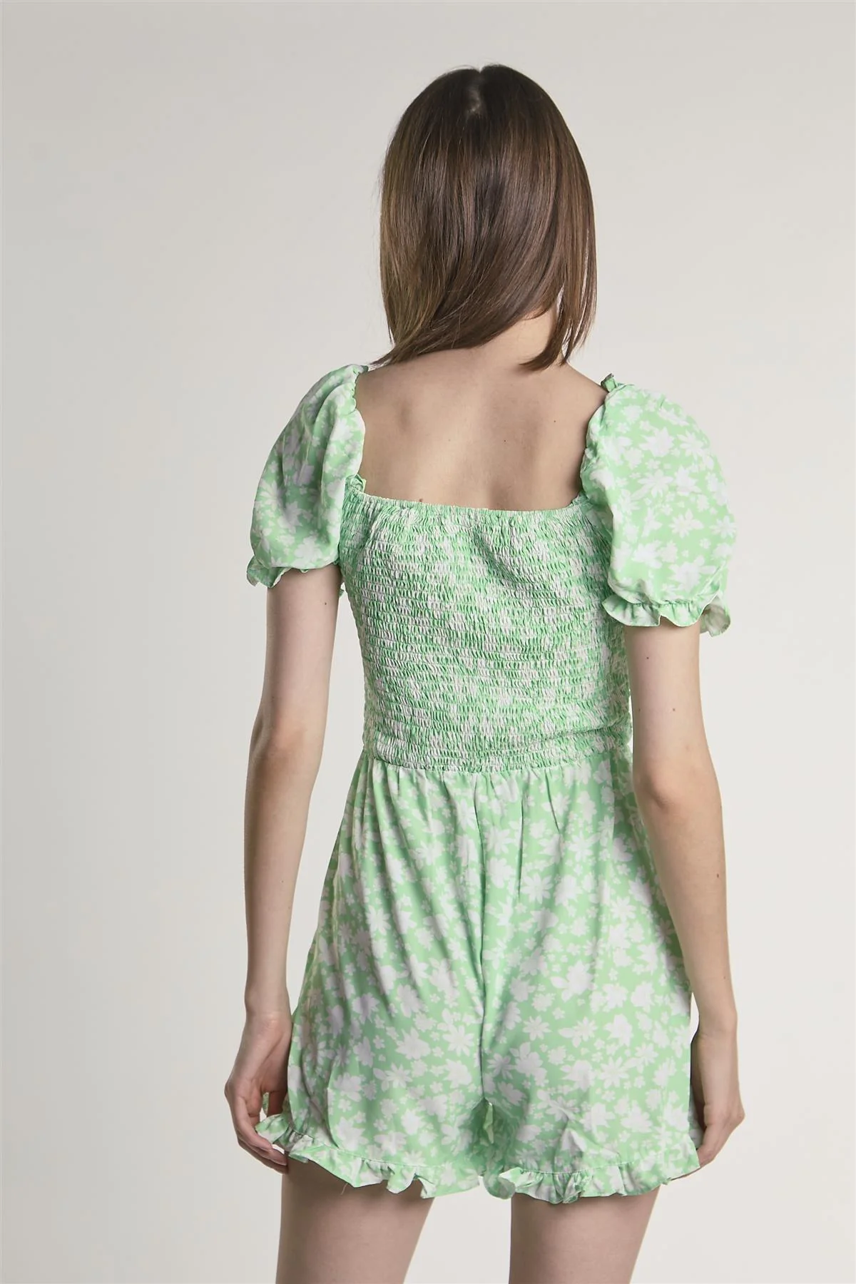 Green-Floral Square-Neck Short Sleeve-Playsuit