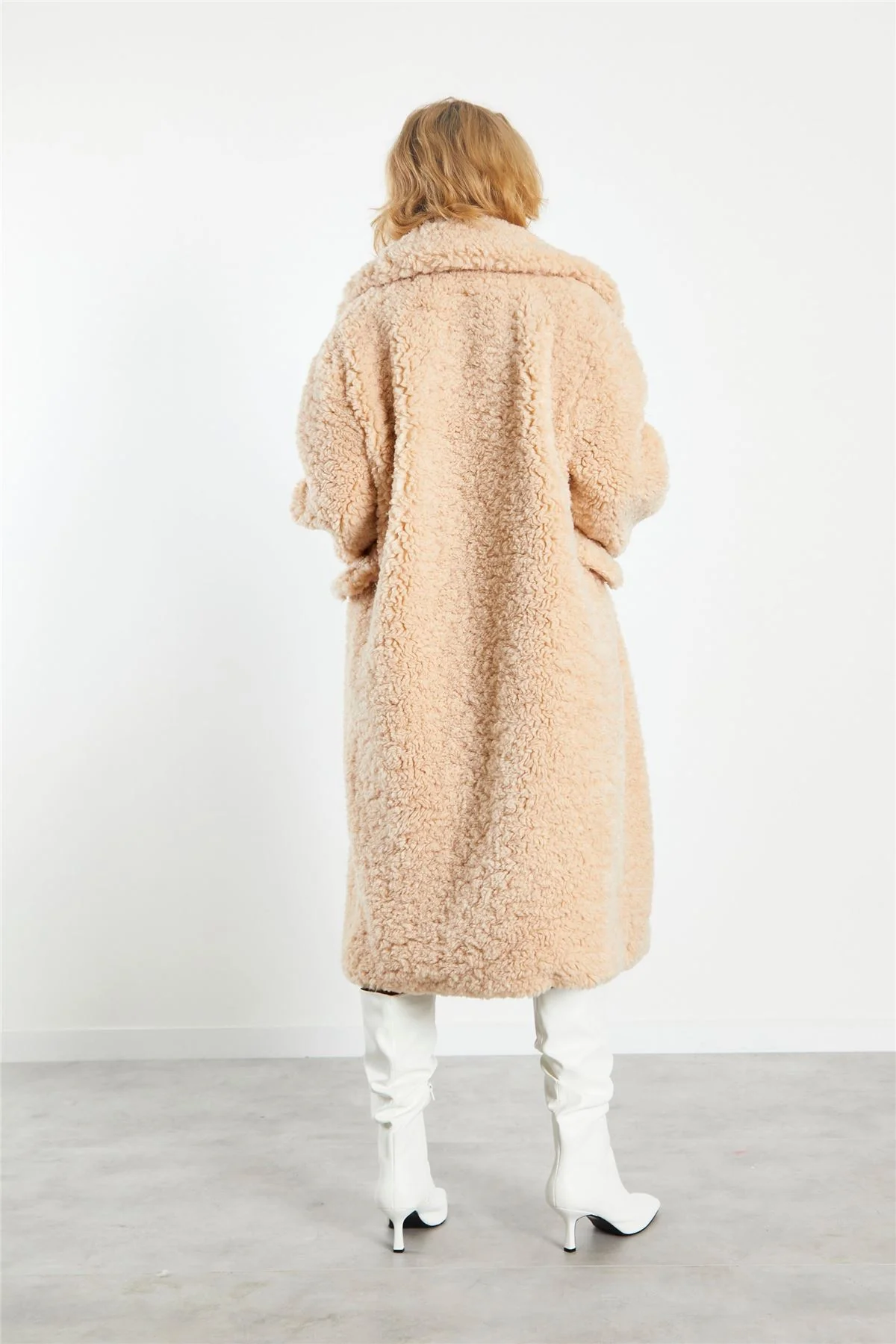 Dark Cream Midi Lapel Collar Curly Fur Coat