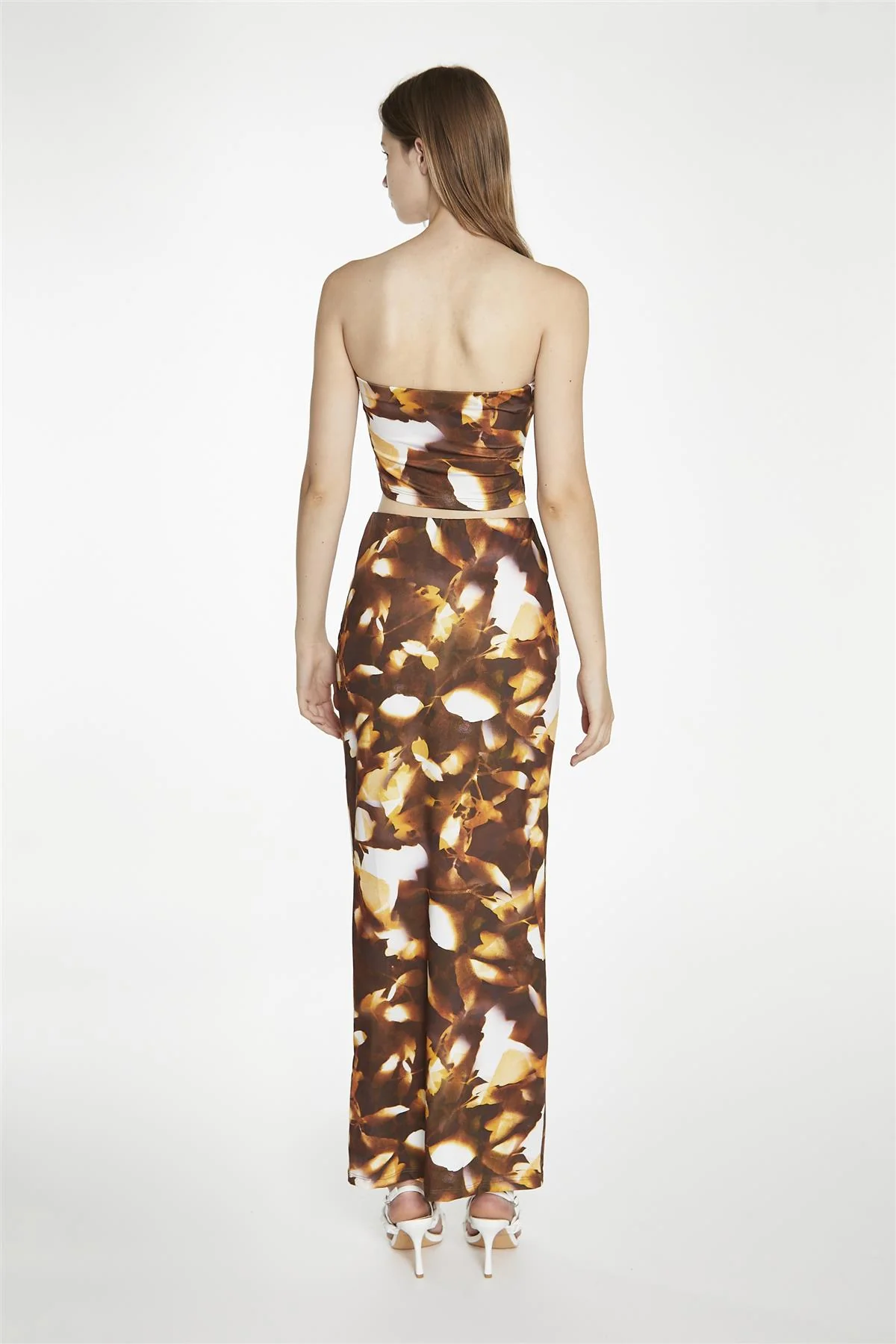 Brown Digital-Leaf Bodycon Maxi-Skirt