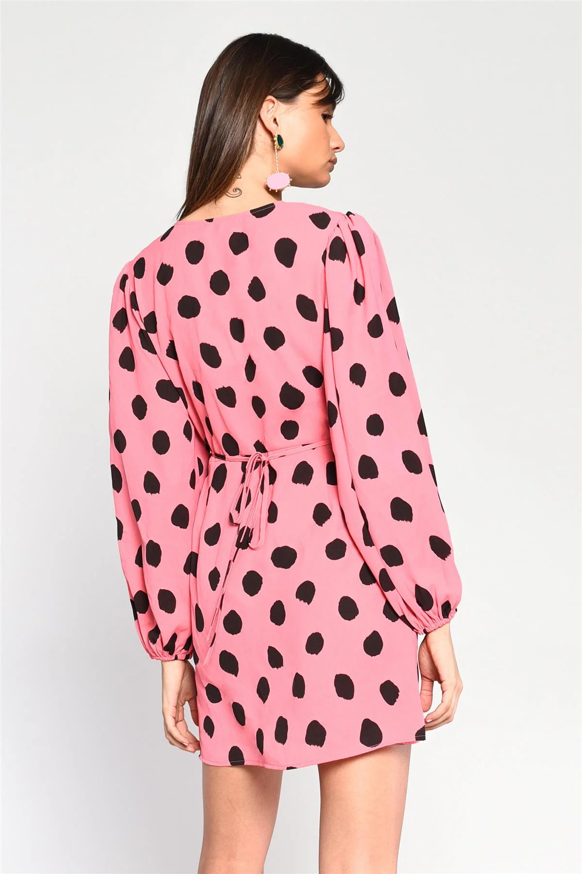 Pink Black Messy Spot V-Neck Mini-Dress