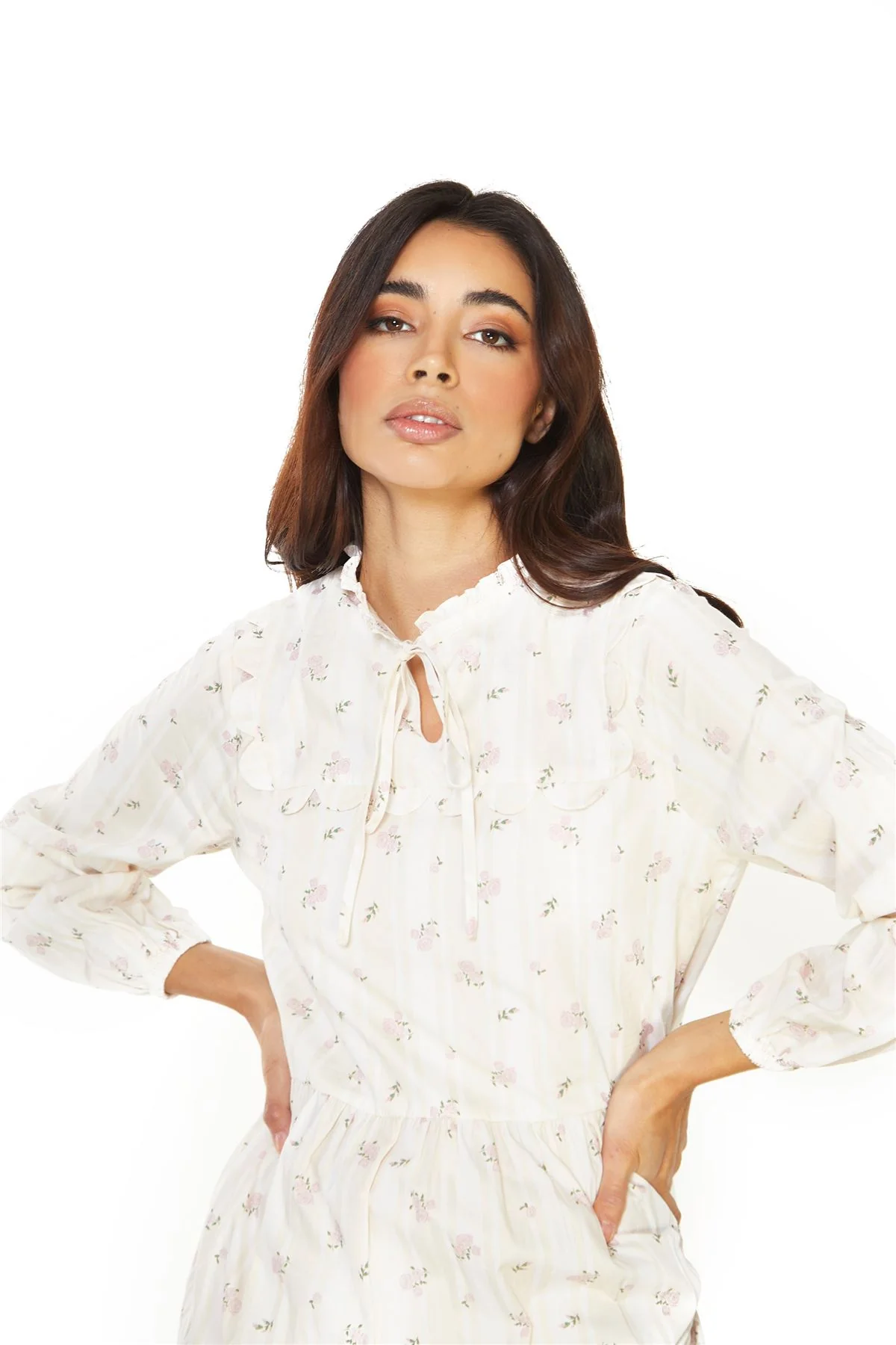 Ditsy Rose Stripe Long Sleeve Midi Dress.