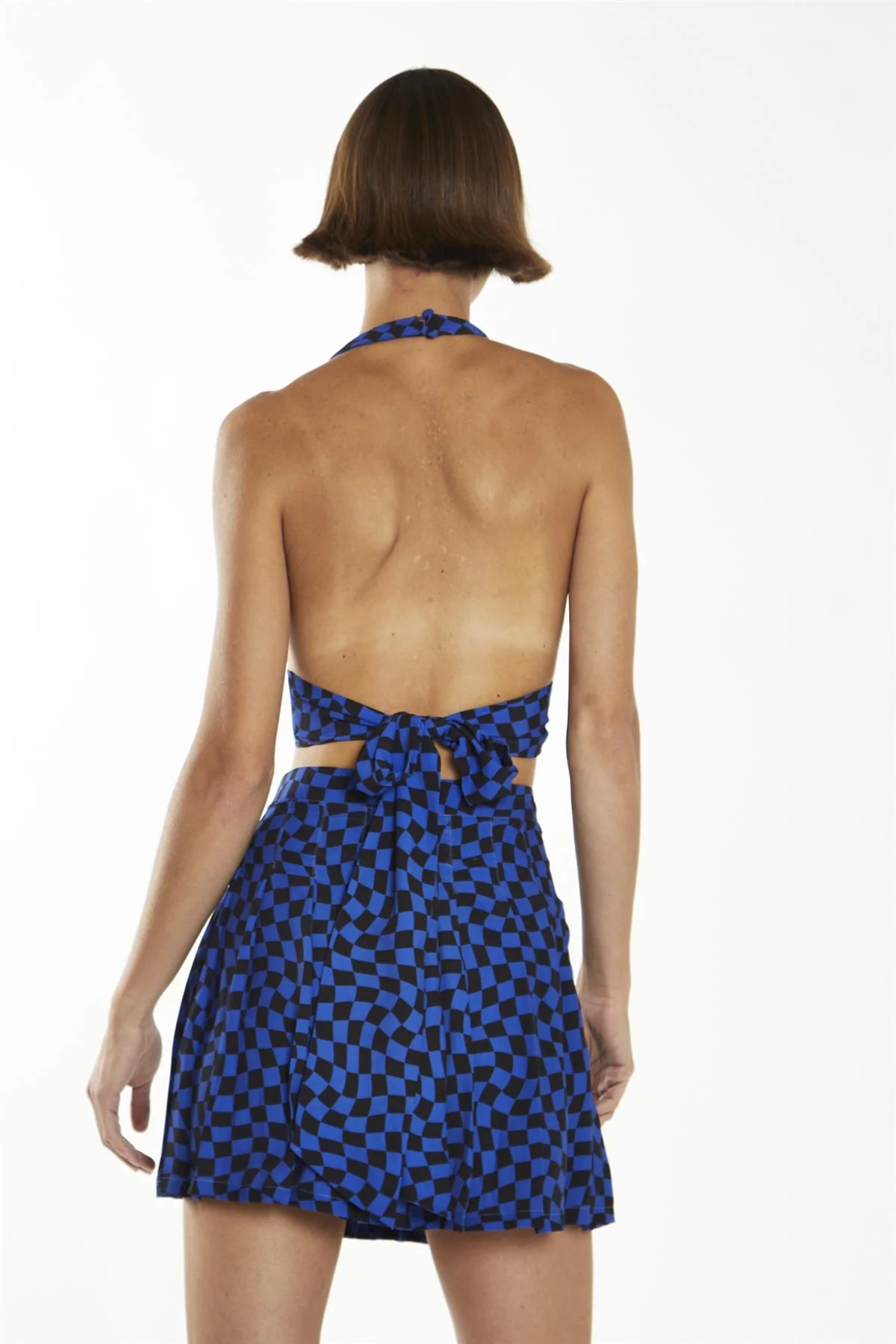 Blue Warped Checkerboard  Mini-Skirt